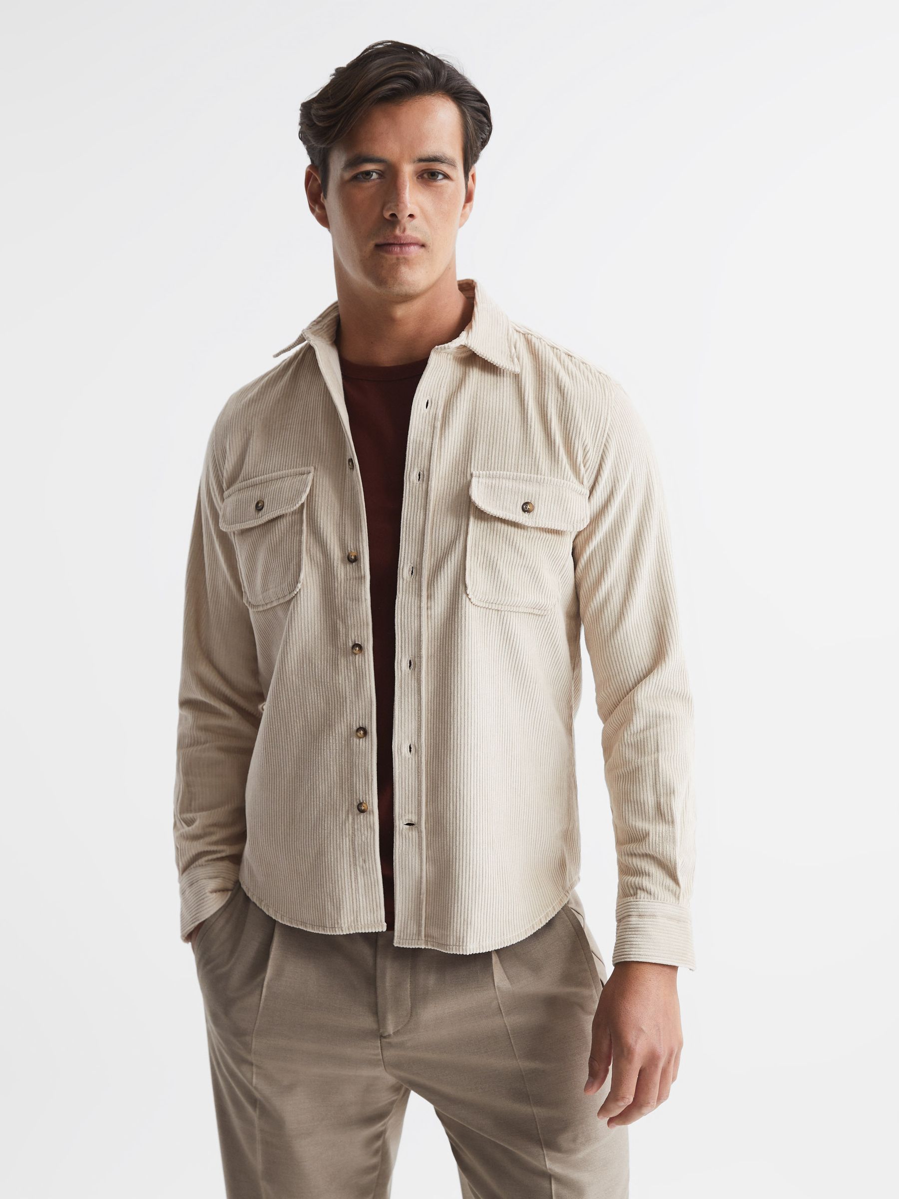 Reiss Corduroy Twin Pocket Overshirt in Ecru - REISS