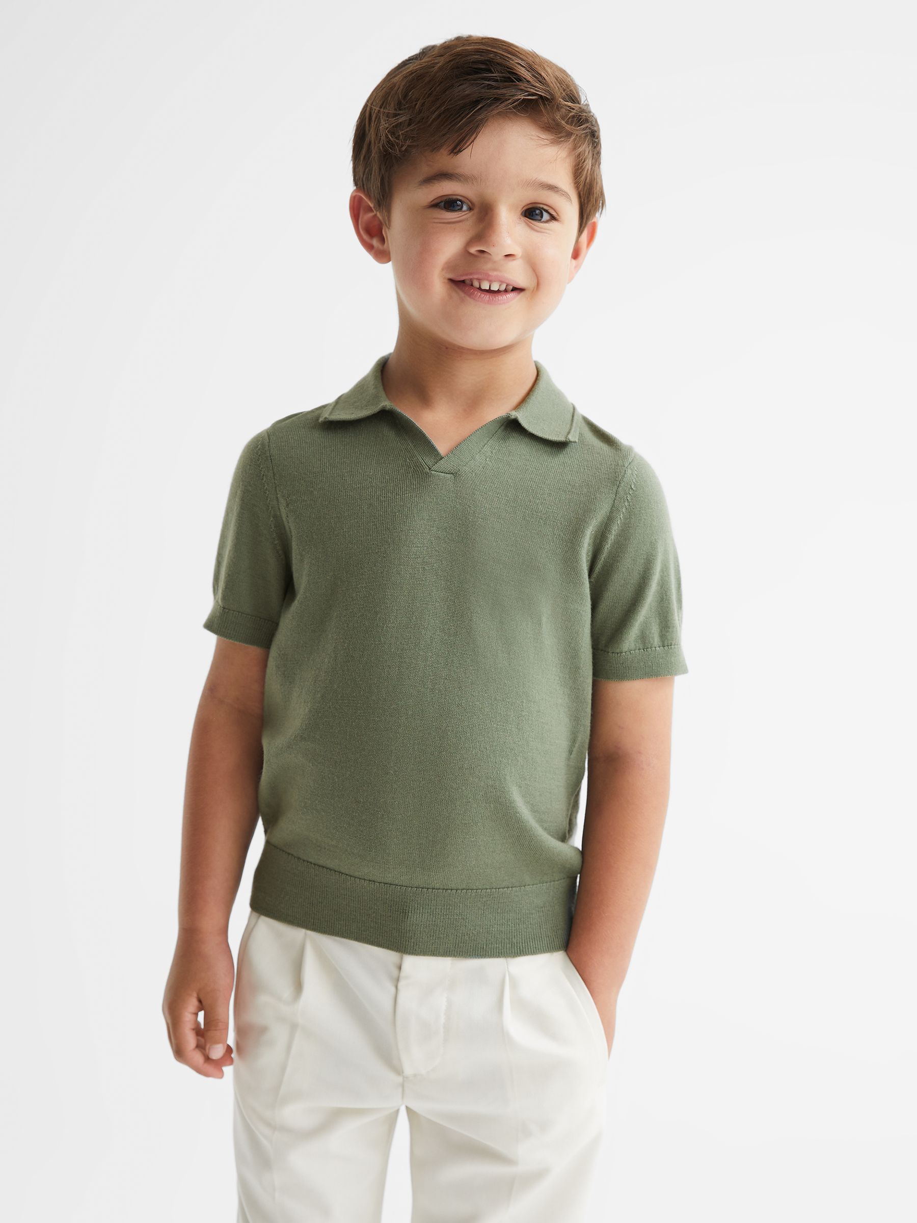 Merino Wool Open Collar Polo Shirt in Rosemary - Image 1 of 6