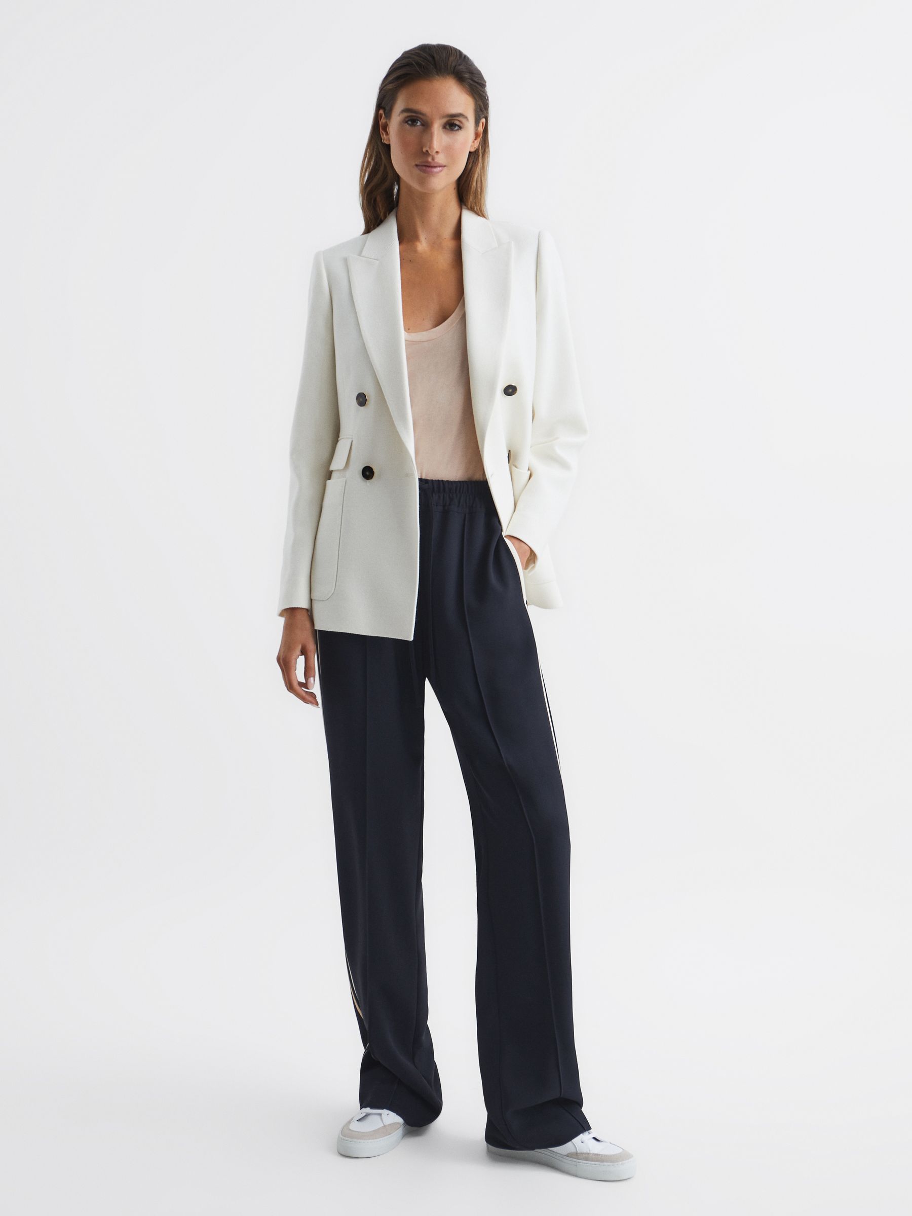 Wide Leg Pull On Trousers in Navy - Image 1 of 7