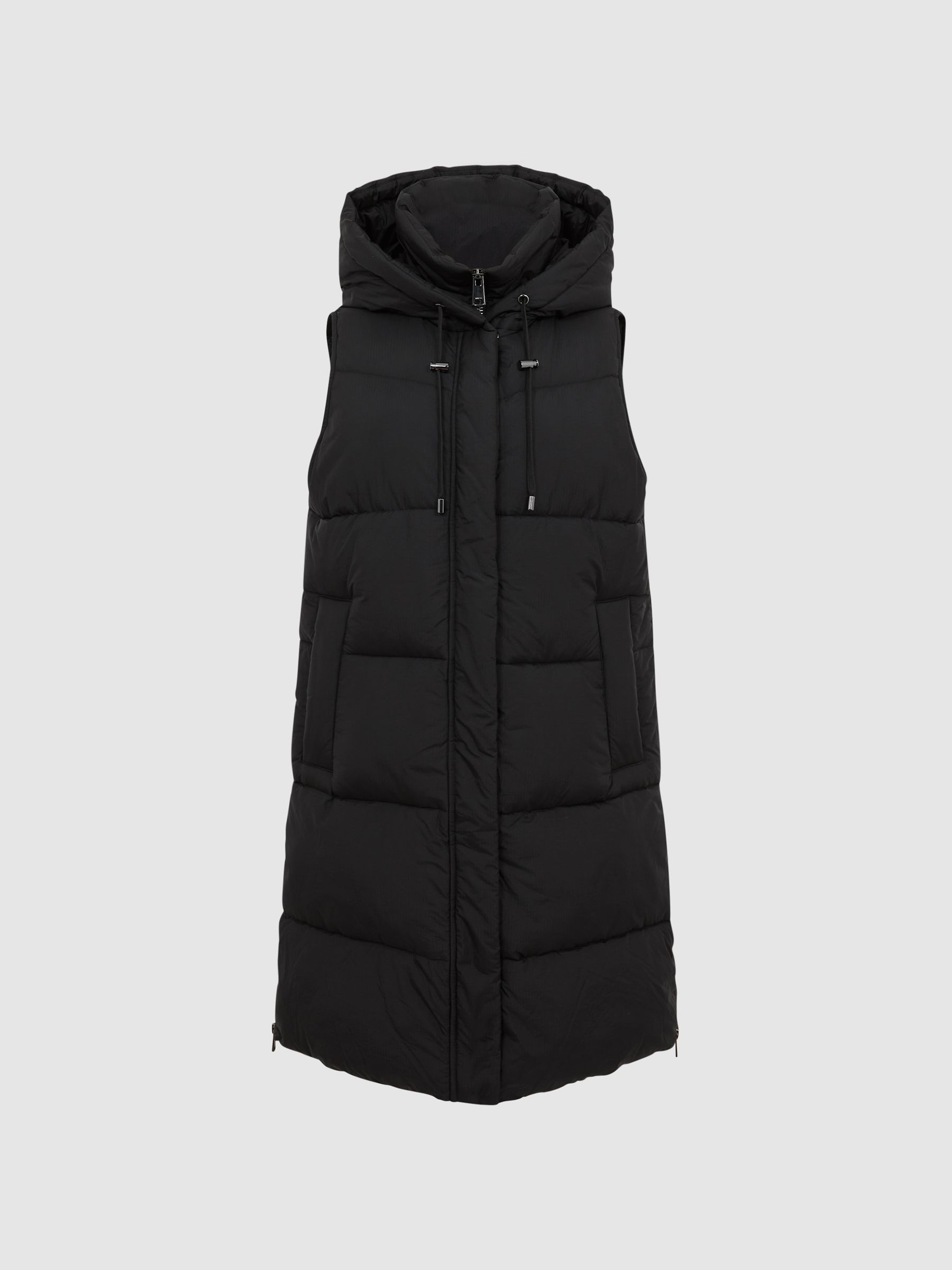 Hooded Long Sleeveless Puffer Gilet Coat in Black - Image 2 of 7 Hooded Long Sleeveless Puffer Gilet Coat in Black - Image 2 of 7