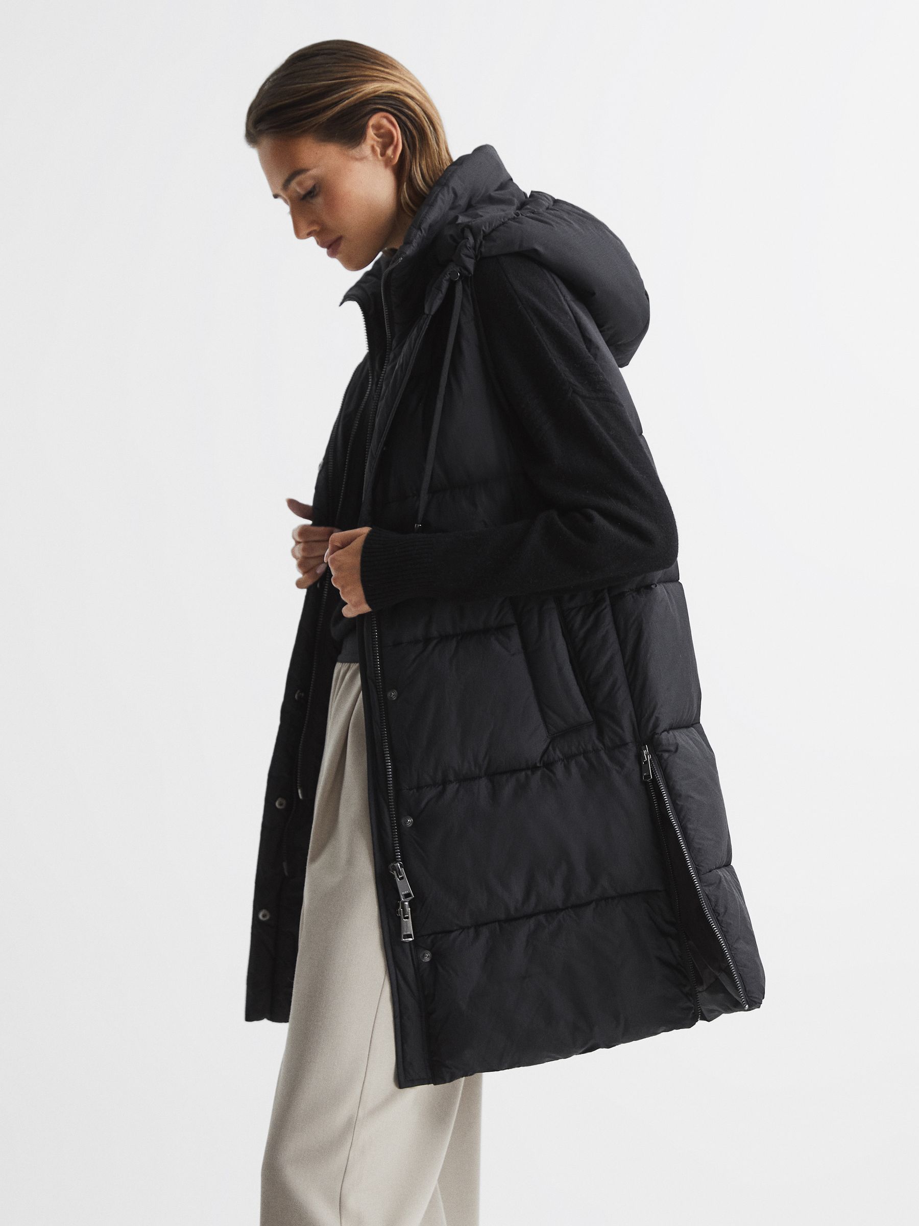 Hooded Long Sleeveless Puffer Gilet Coat in Black - Image 3 of 7