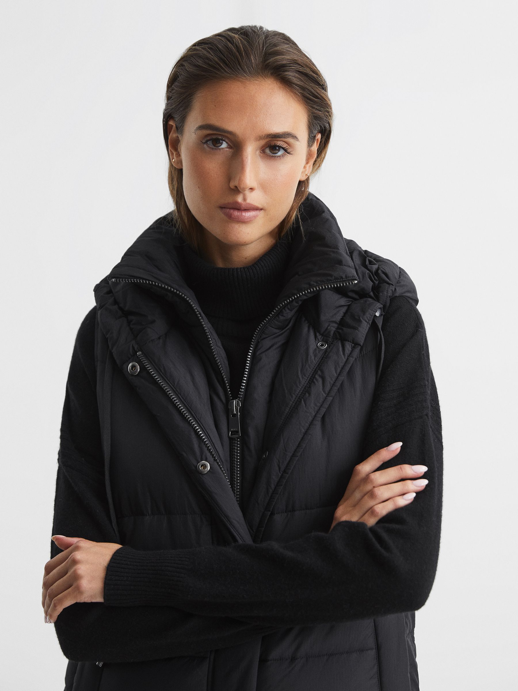 Hooded Long Sleeveless Puffer Gilet Coat in Black - Image 4 of 7