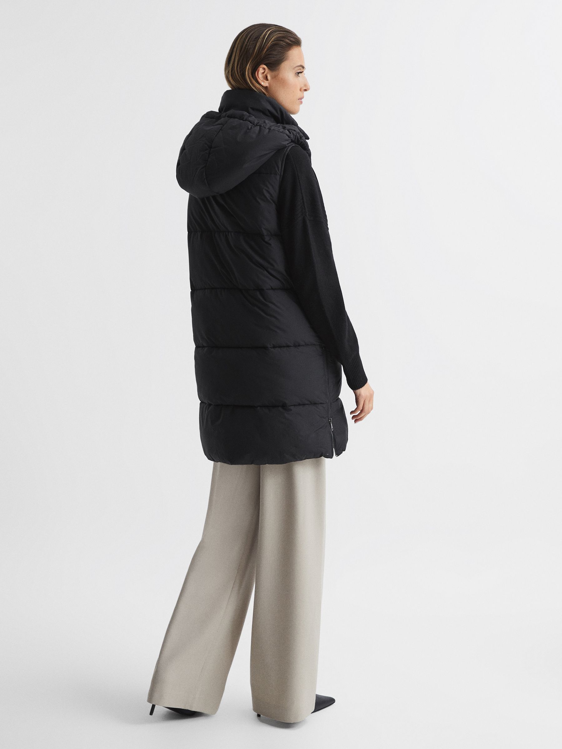 Hooded Long Sleeveless Puffer Gilet Coat in Black - Image 5 of 7