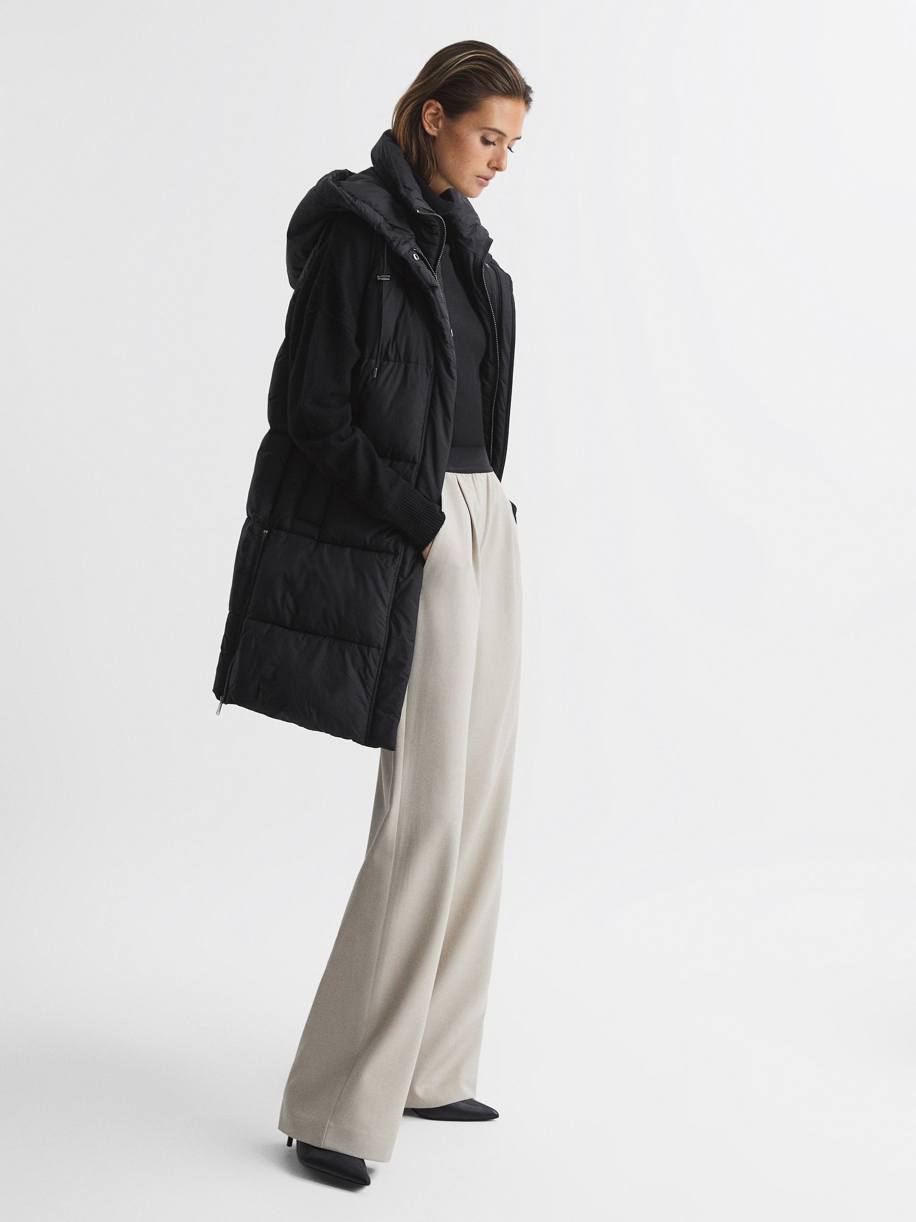 Hooded Long Sleeveless Puffer Gilet Coat in Black - Image 6 of 7