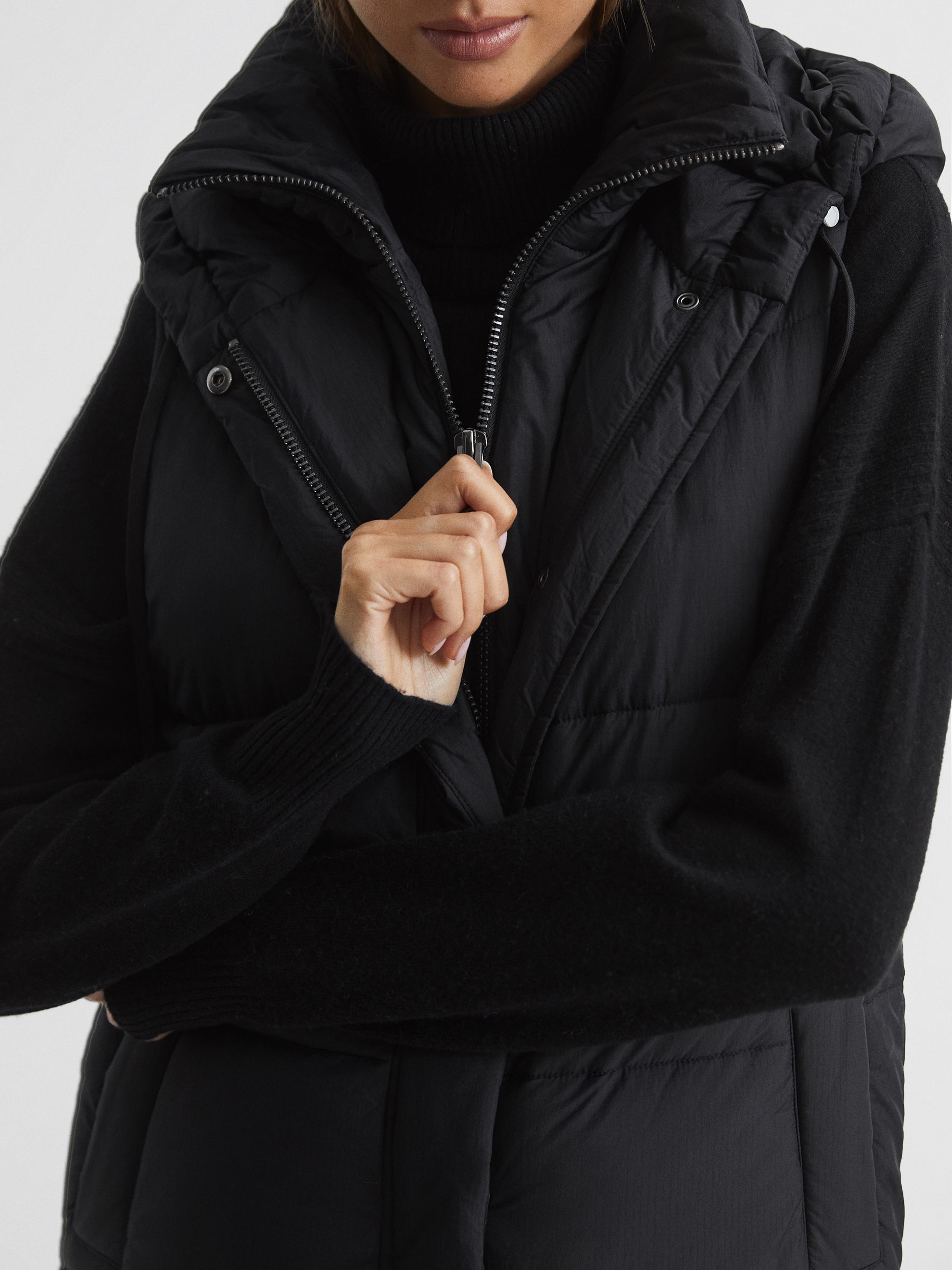 Hooded Long Sleeveless Puffer Gilet Coat in Black - Image 7 of 7