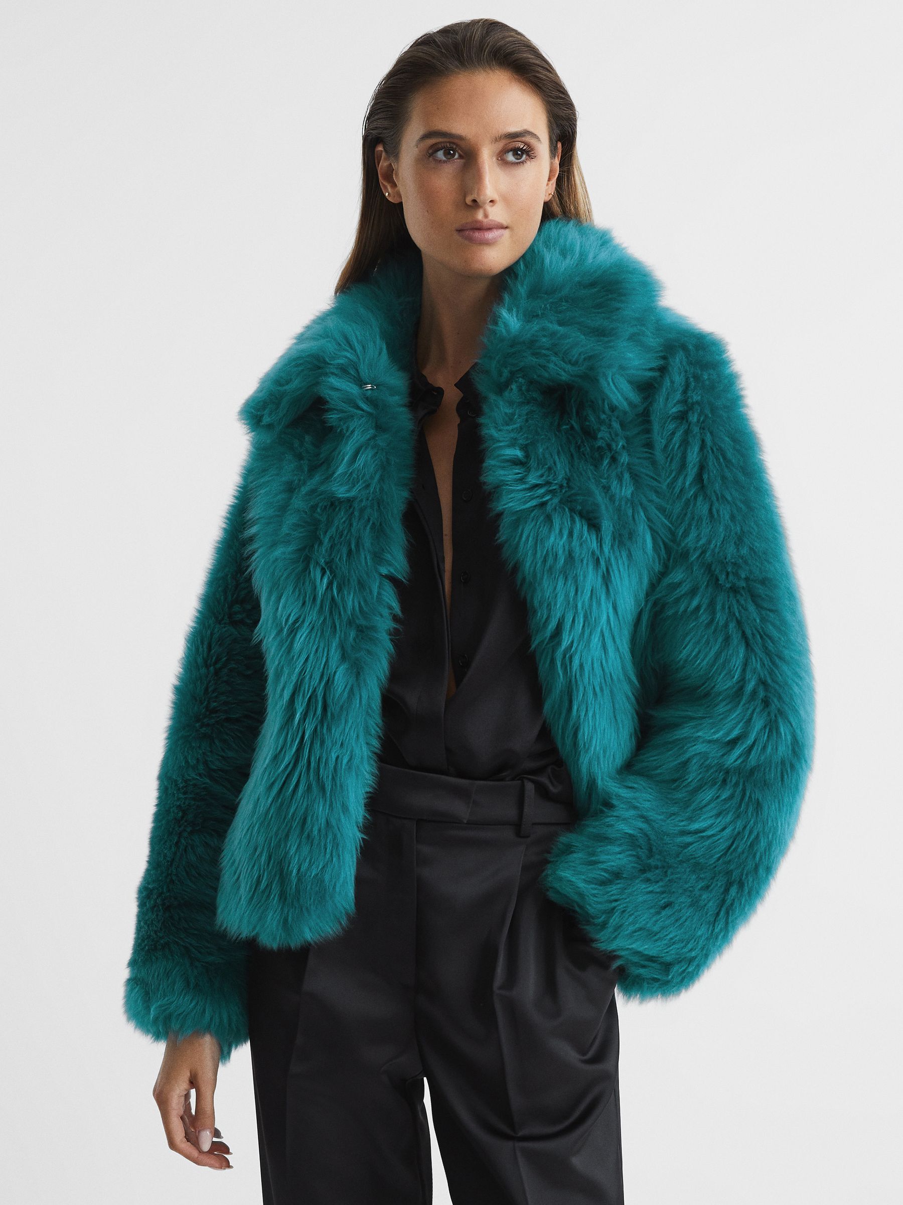 Short Shearling Jacket in Teal - Image 1 of 7