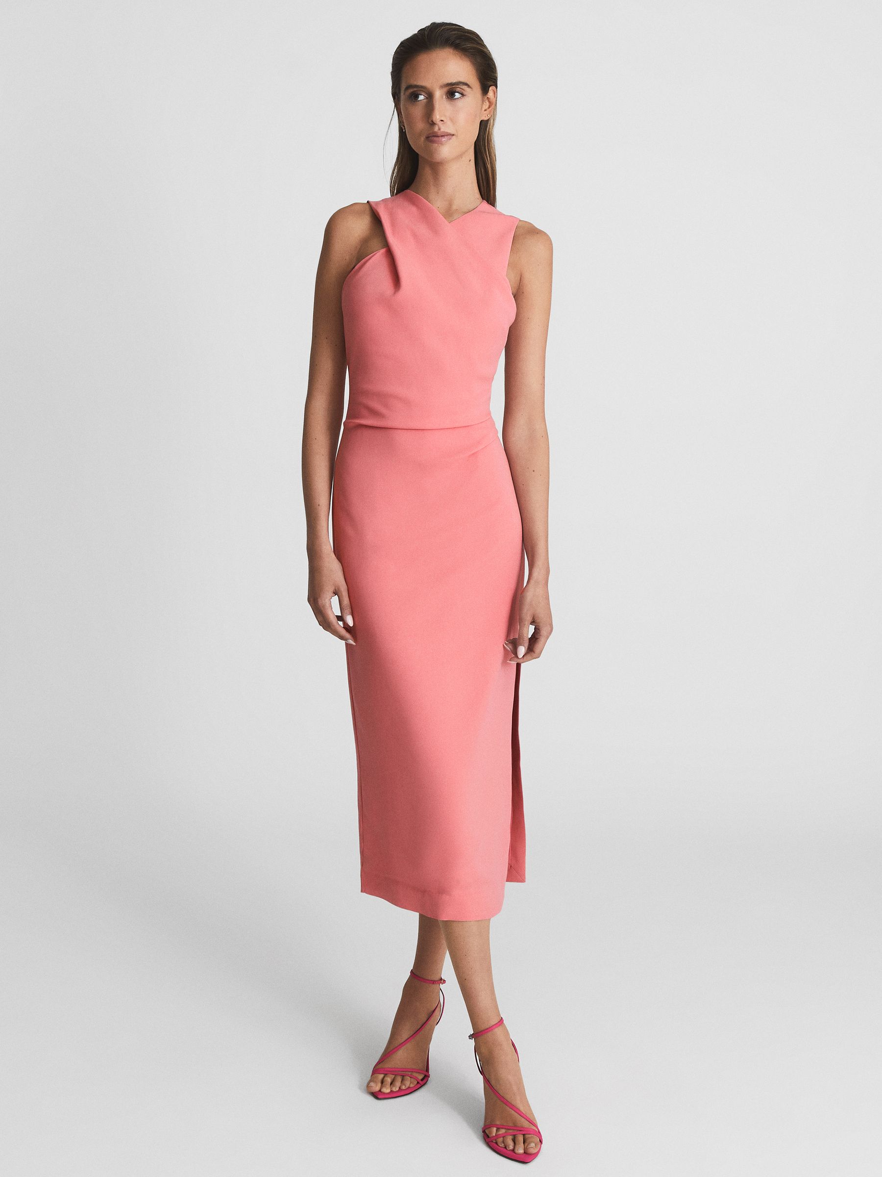 Reiss Sleeveless Ruched Midi Dress in Pink | REISS