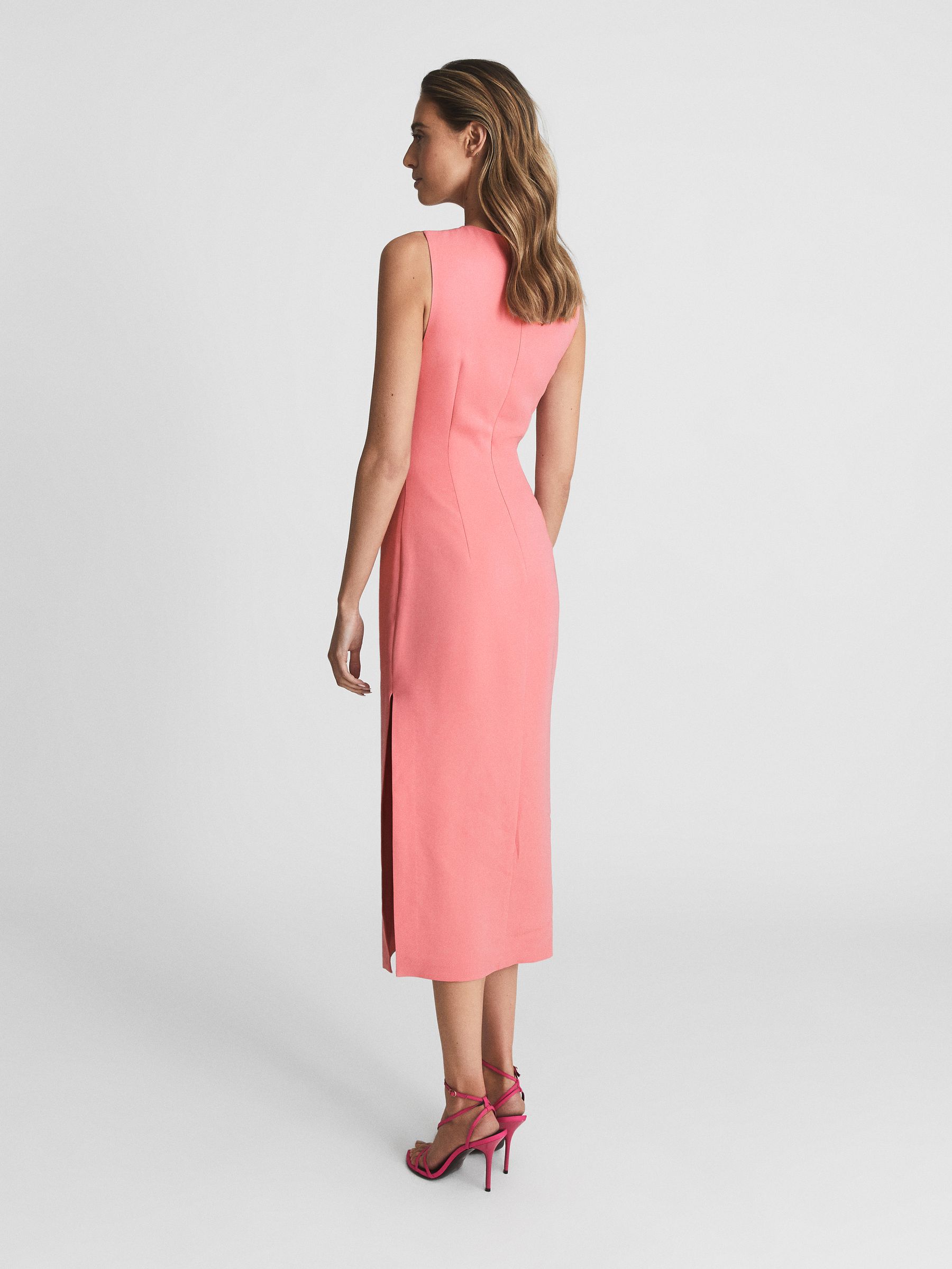 Reiss Sleeveless Ruched Midi Dress in Pink | REISS