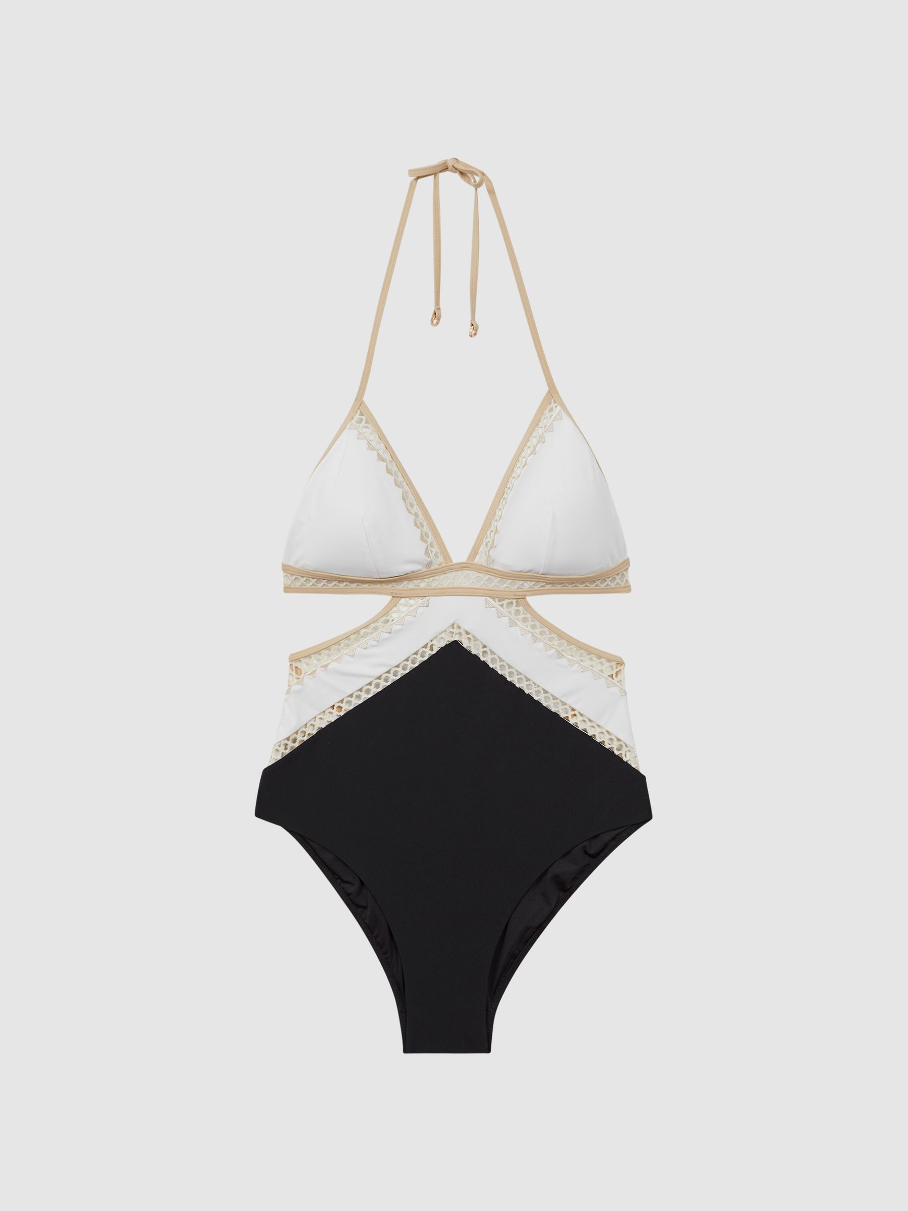 Lattice Halterneck Swimsuit in Black/White - Image 2 of 5