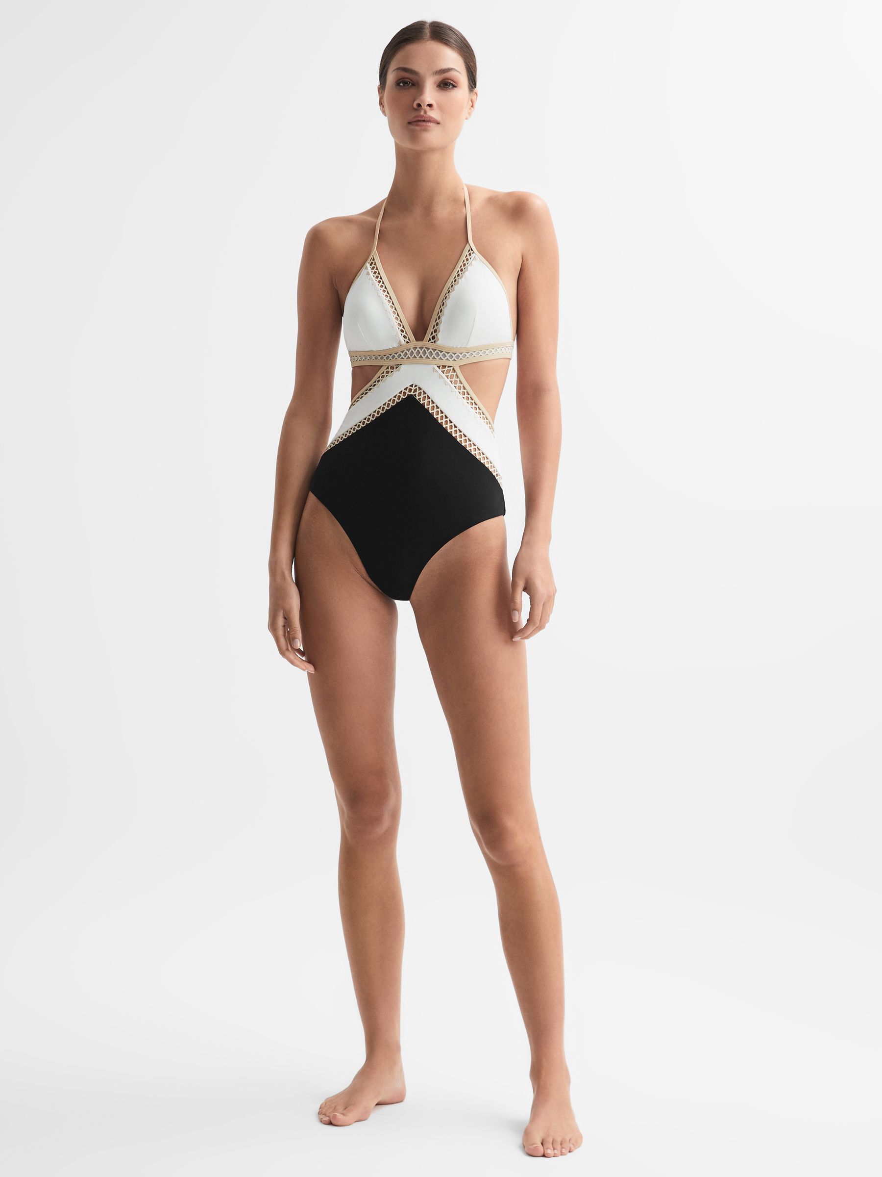 Lattice Halterneck Swimsuit in Black/White - Image 3 of 5