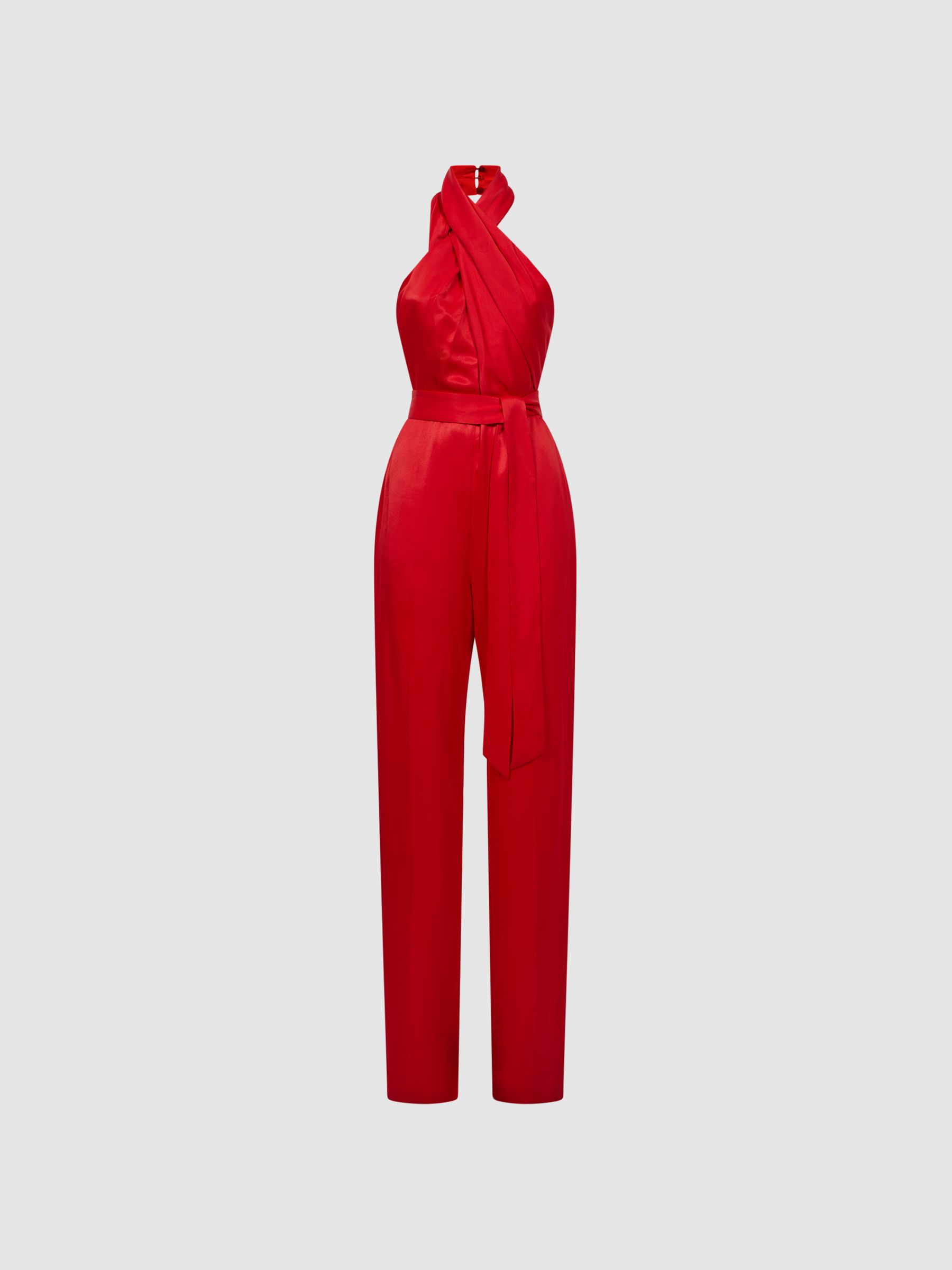 Satin Halter Neck Fitted Jumpsuit in Red - Image 2 of 5