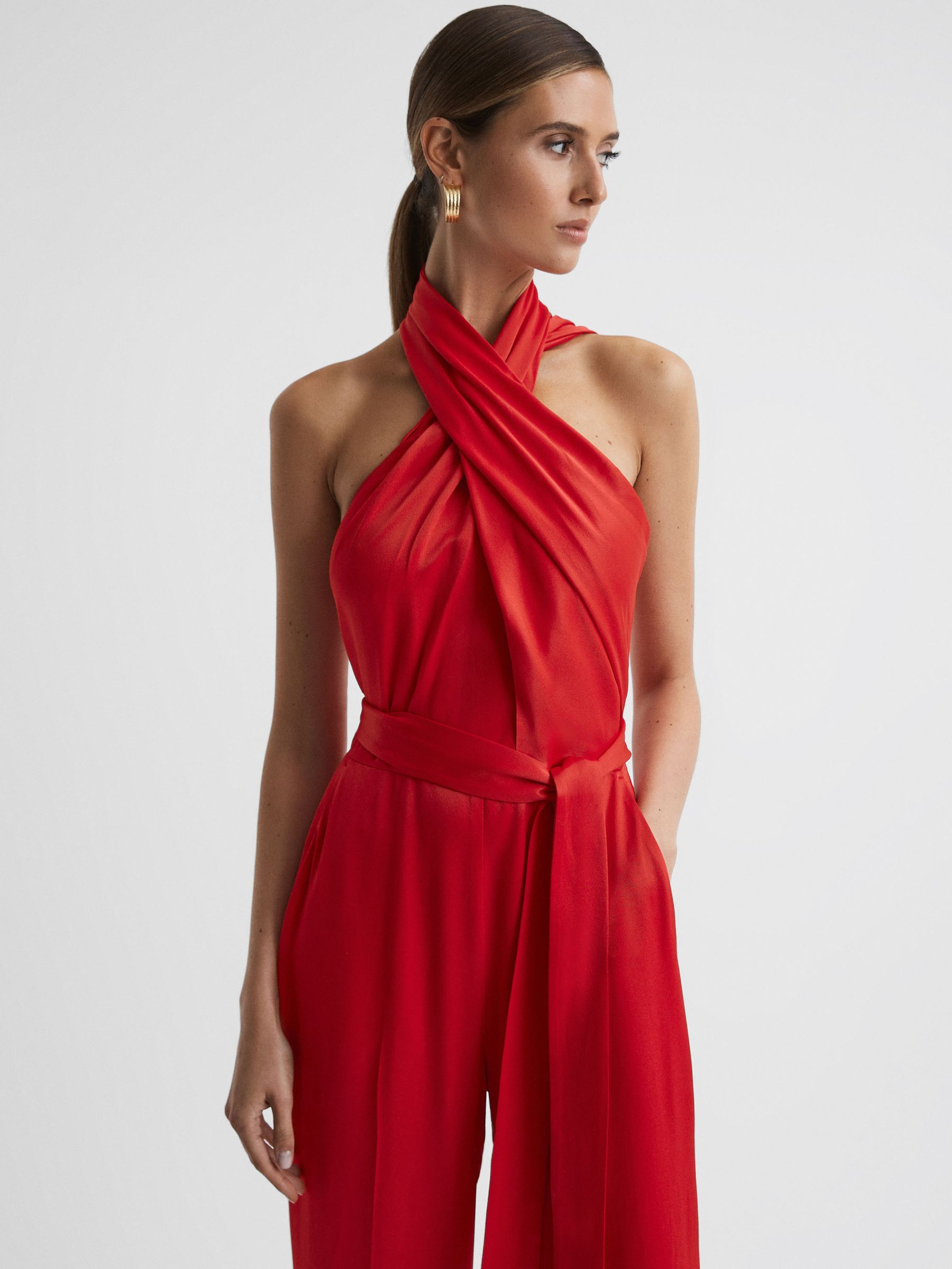 Satin Halter Neck Fitted Jumpsuit in Red - Image 3 of 5