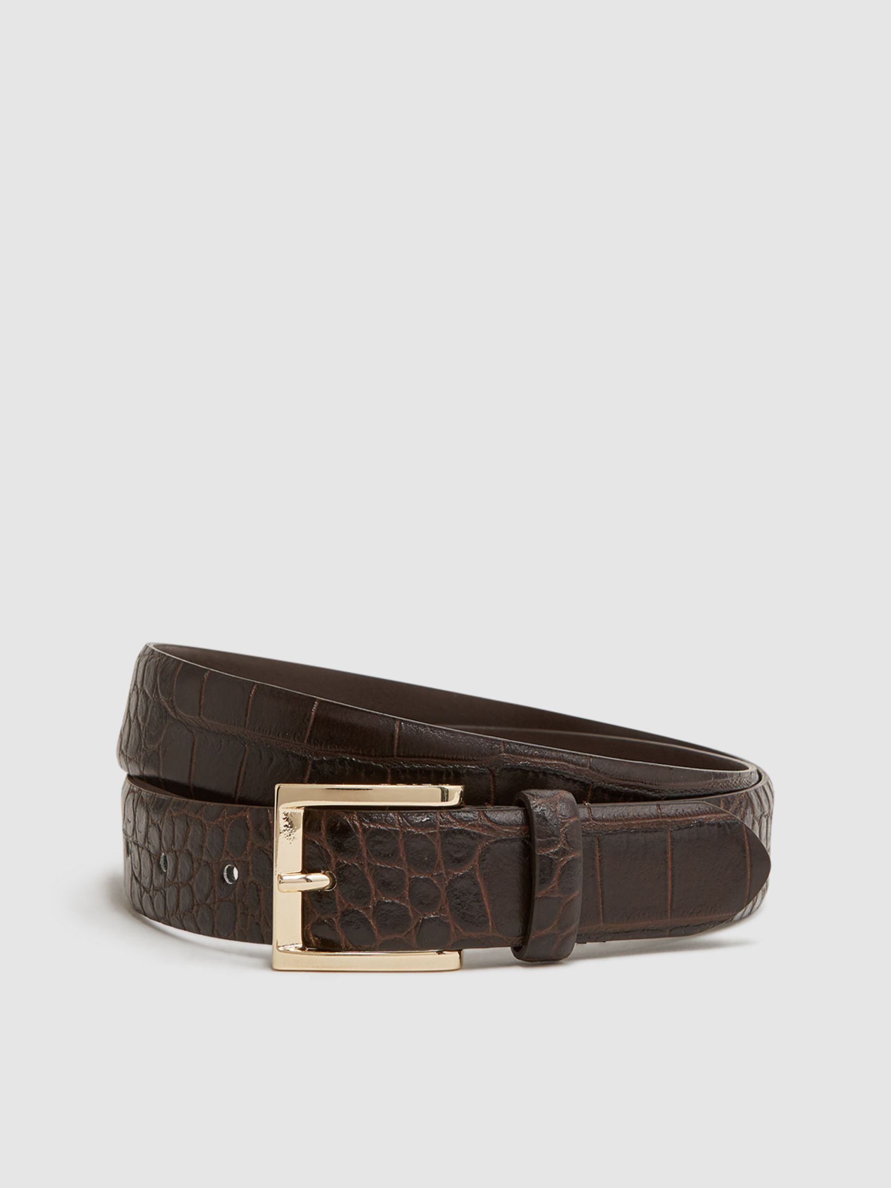 Leather Crocodile Print Belt in Chocolate - Image 1 of 5