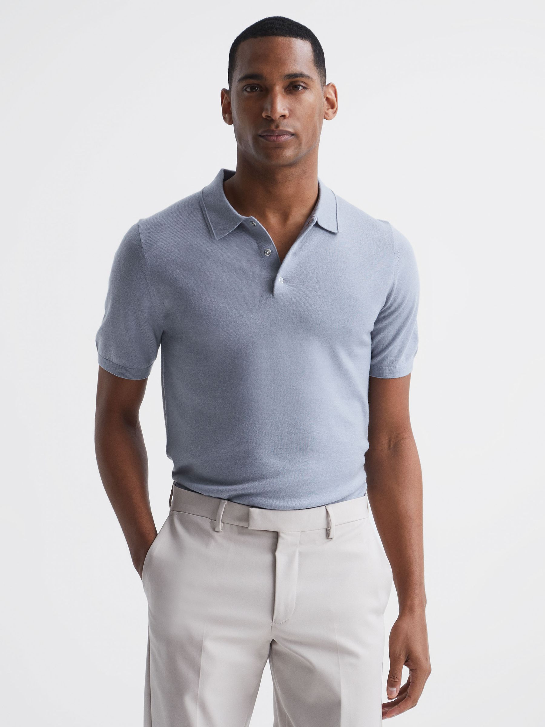 Blue Merino Press Stud Polo Shirt in Blue - Image 1 of 5