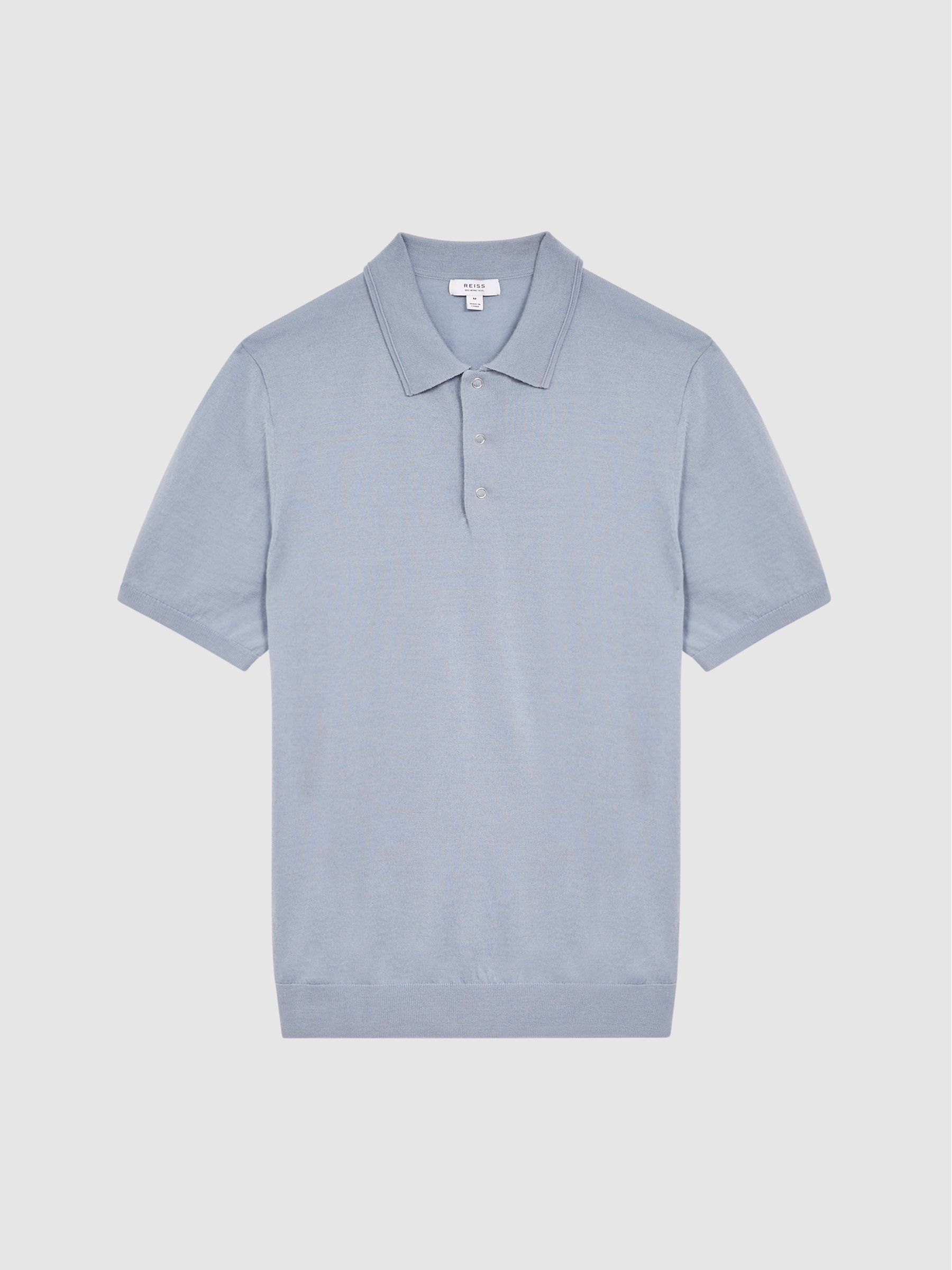 Blue Merino Press Stud Polo Shirt in Blue - Image 2 of 5