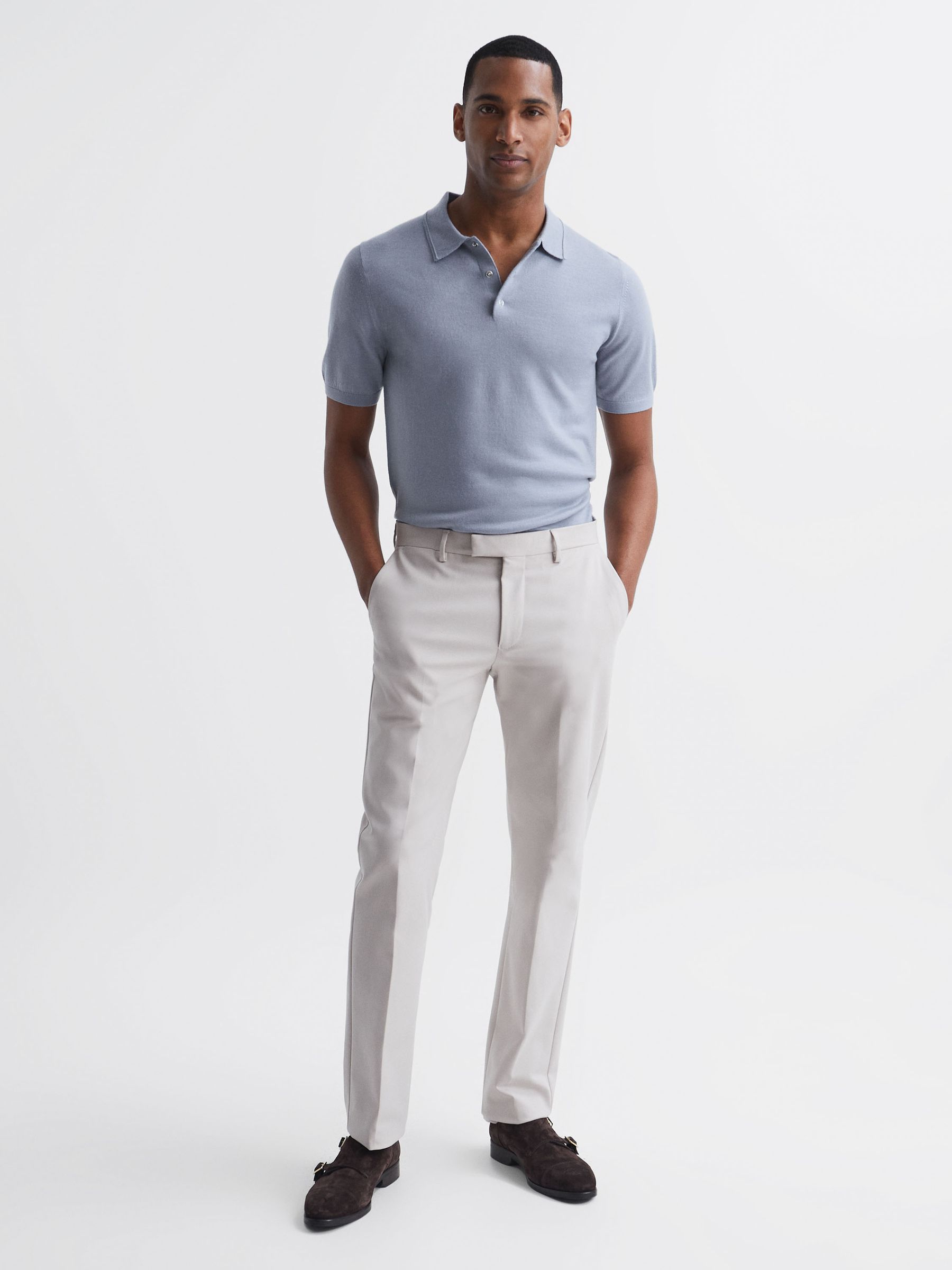 Blue Merino Press Stud Polo Shirt in Blue - Image 3 of 5