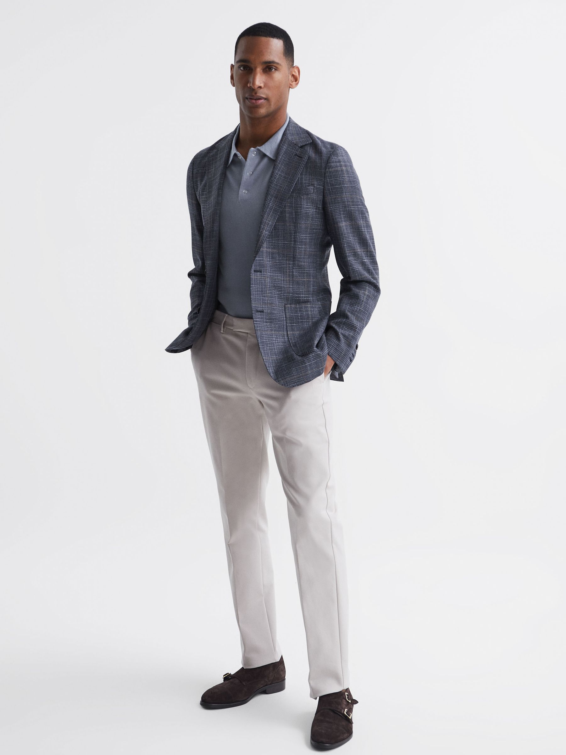 Blue Merino Press Stud Polo Shirt in Blue - Image 4 of 5