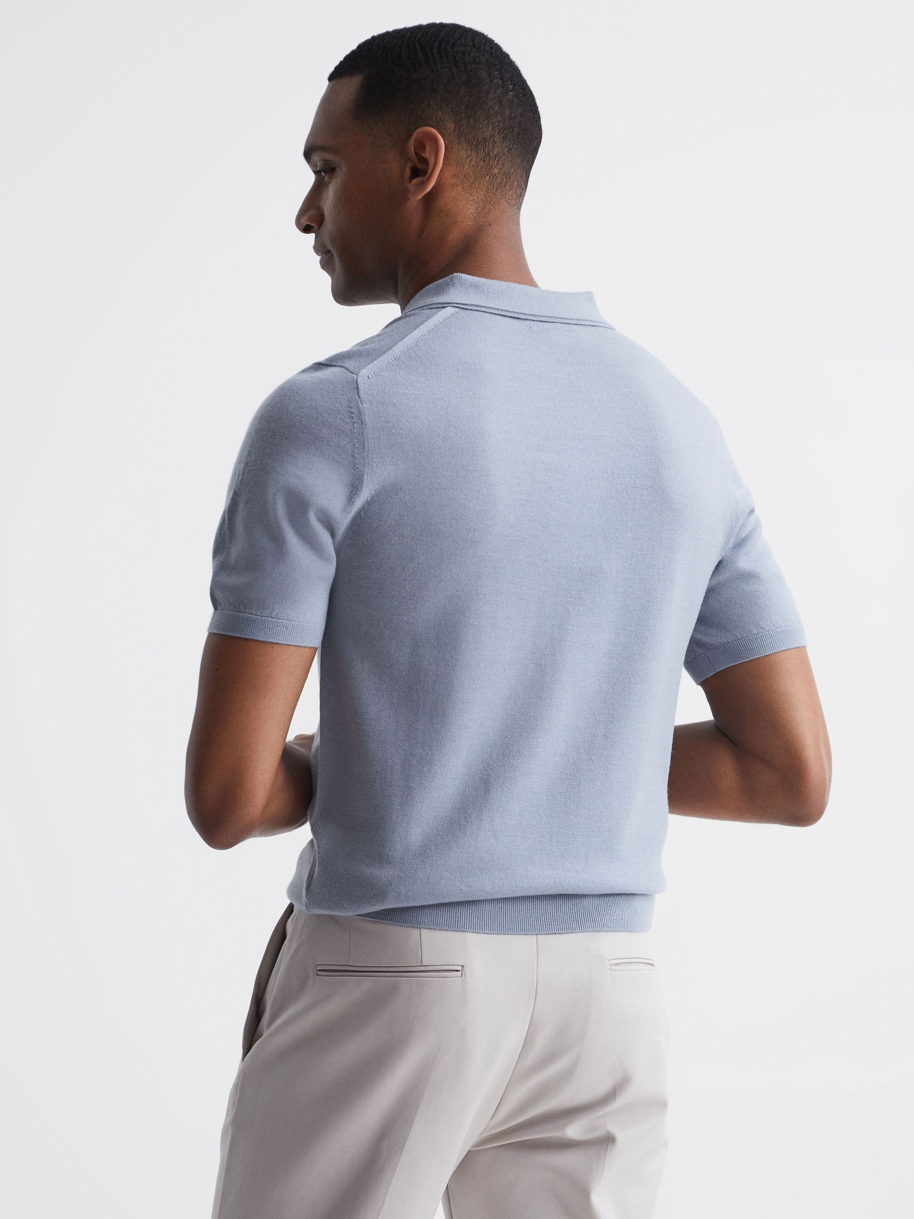 Blue Merino Press Stud Polo Shirt in Blue - Image 5 of 5