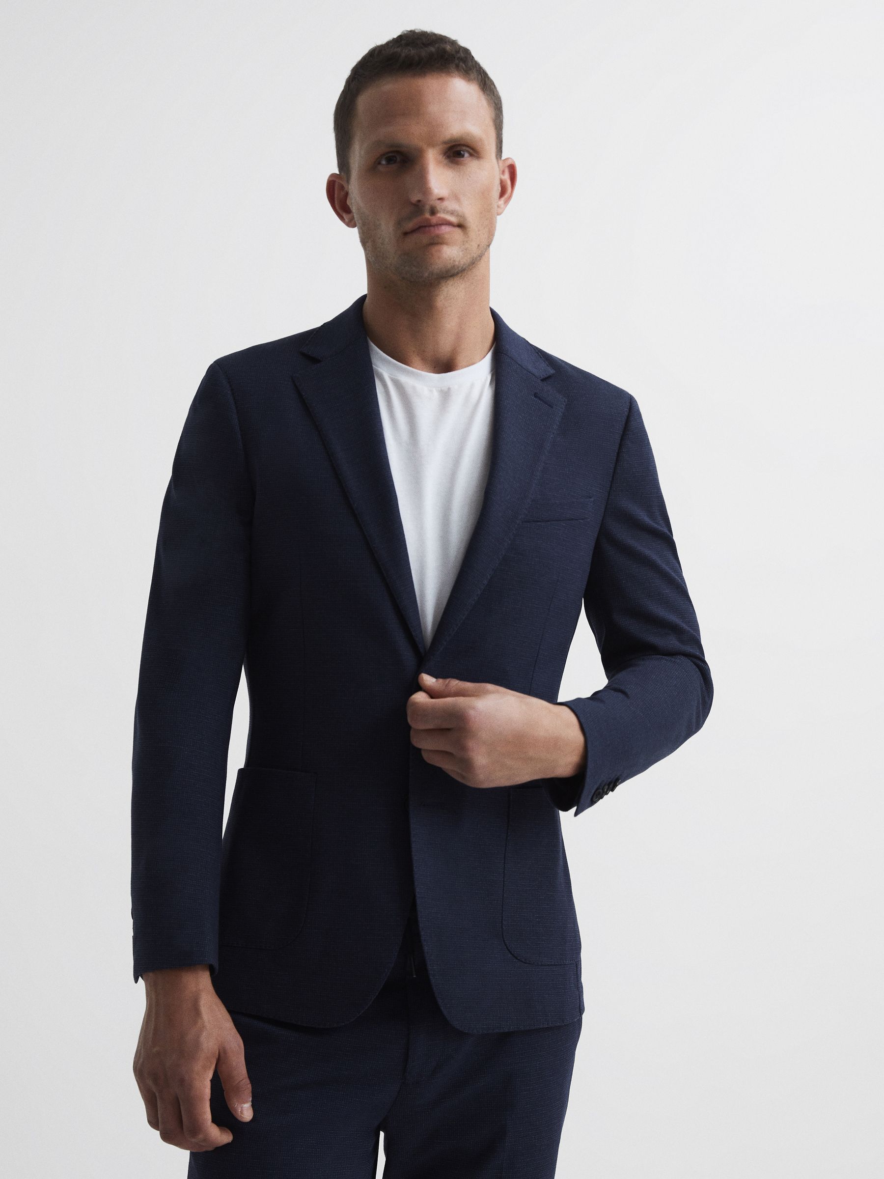 Sob Navy Single Breasted Jersey Textured Slim Fit Blazer - Image 1 of 10