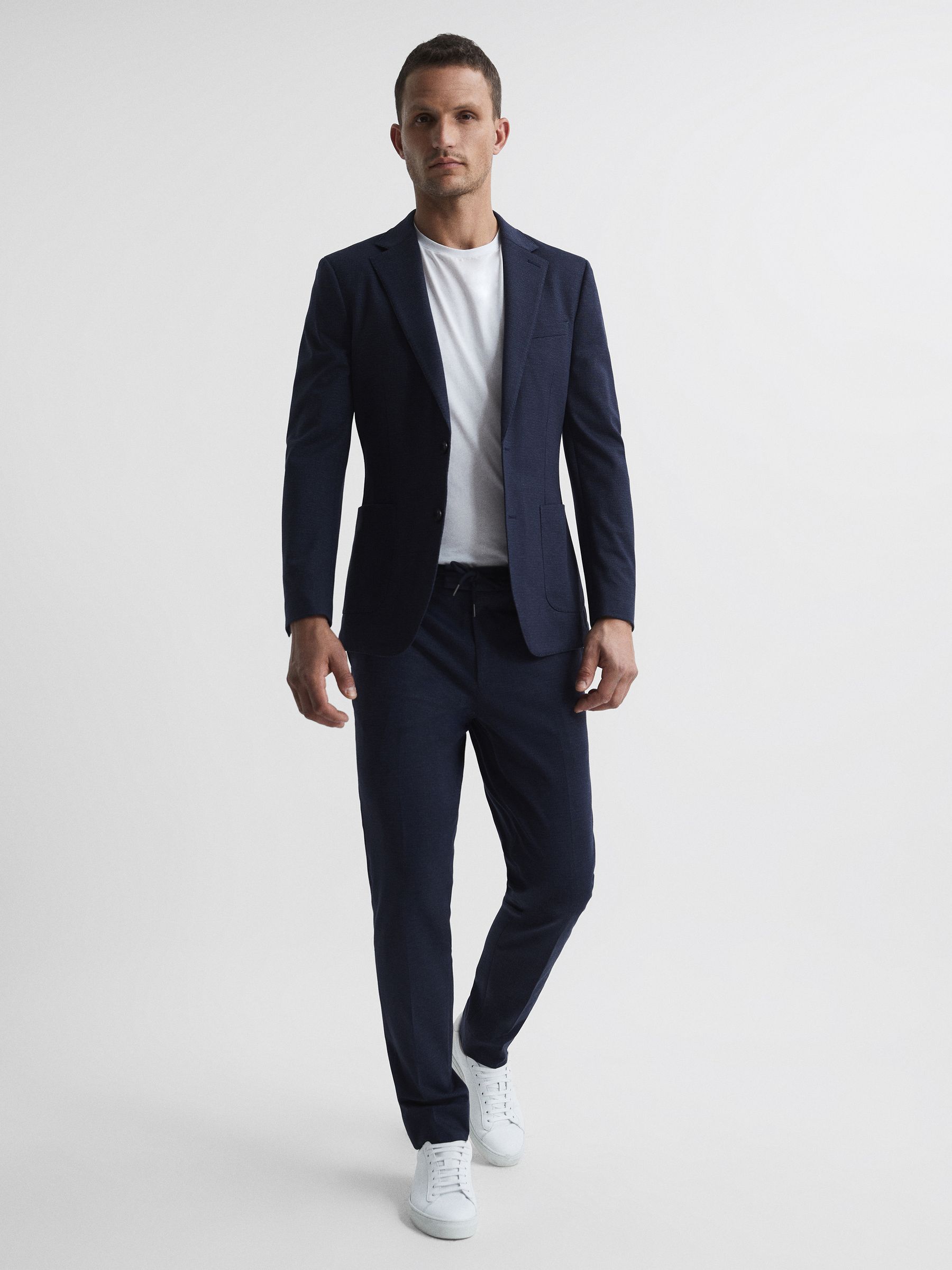 Sob Navy Single Breasted Jersey Textured Slim Fit Blazer - Image 3 of 10