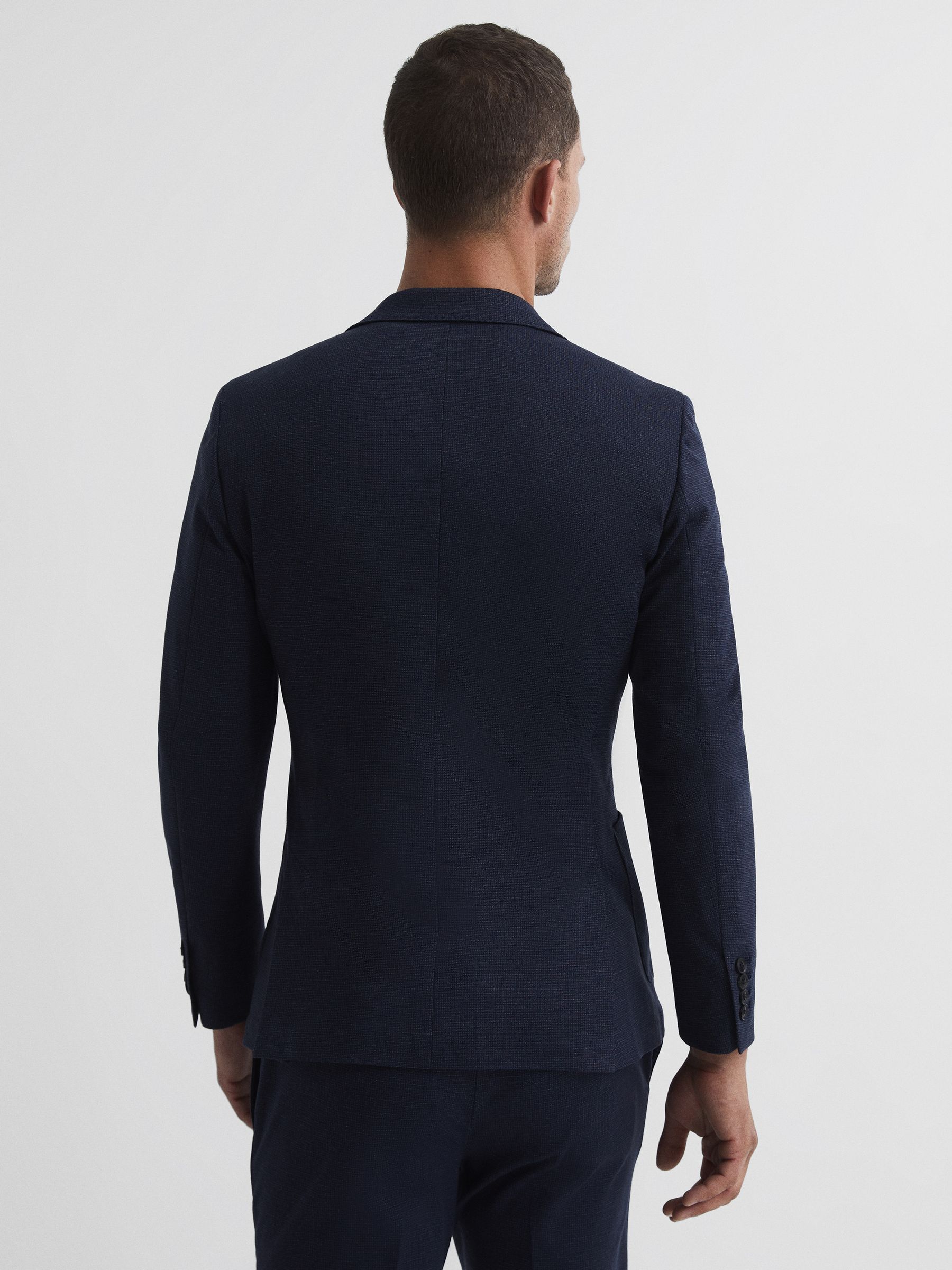 Sob Navy Single Breasted Jersey Textured Slim Fit Blazer - Image 5 of 10