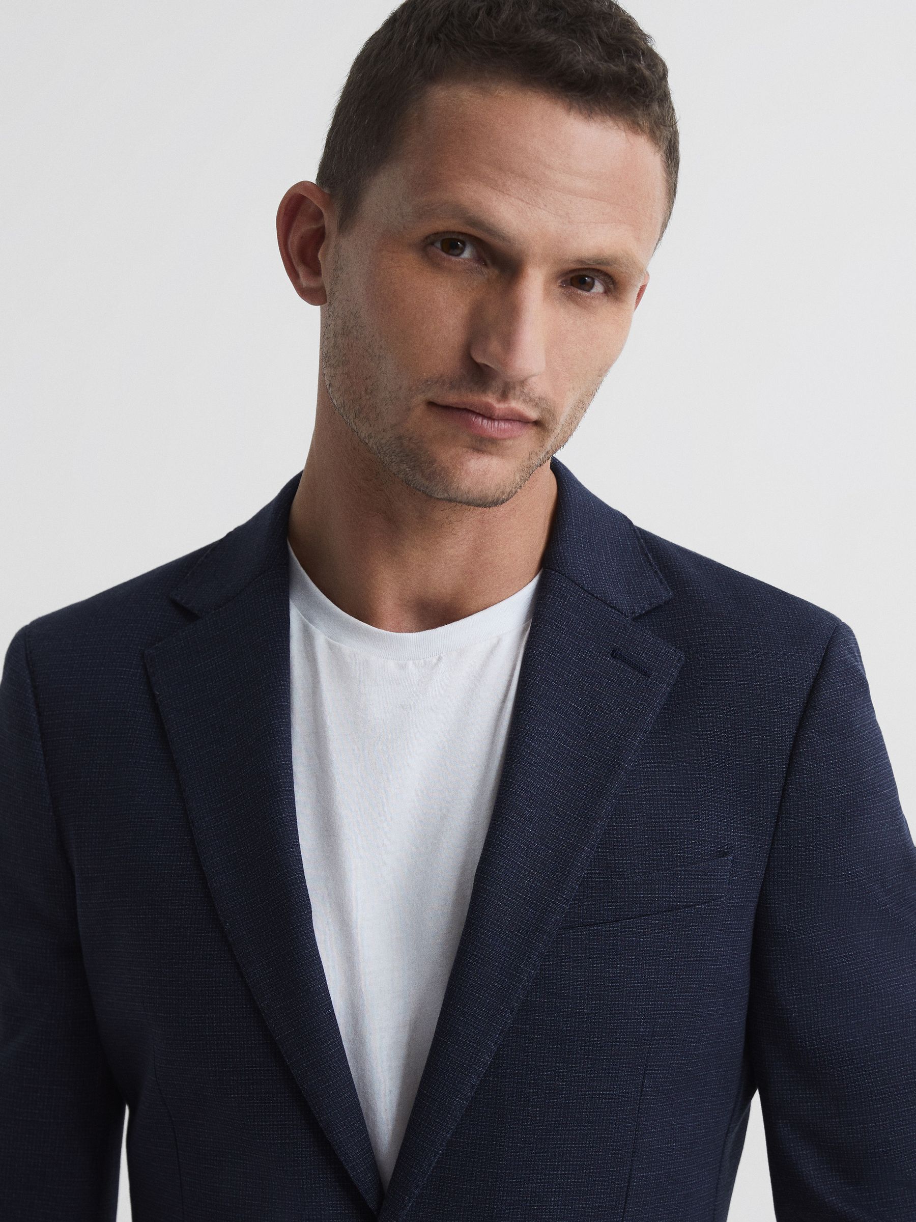 Sob Navy Single Breasted Jersey Textured Slim Fit Blazer - Image 6 of 10