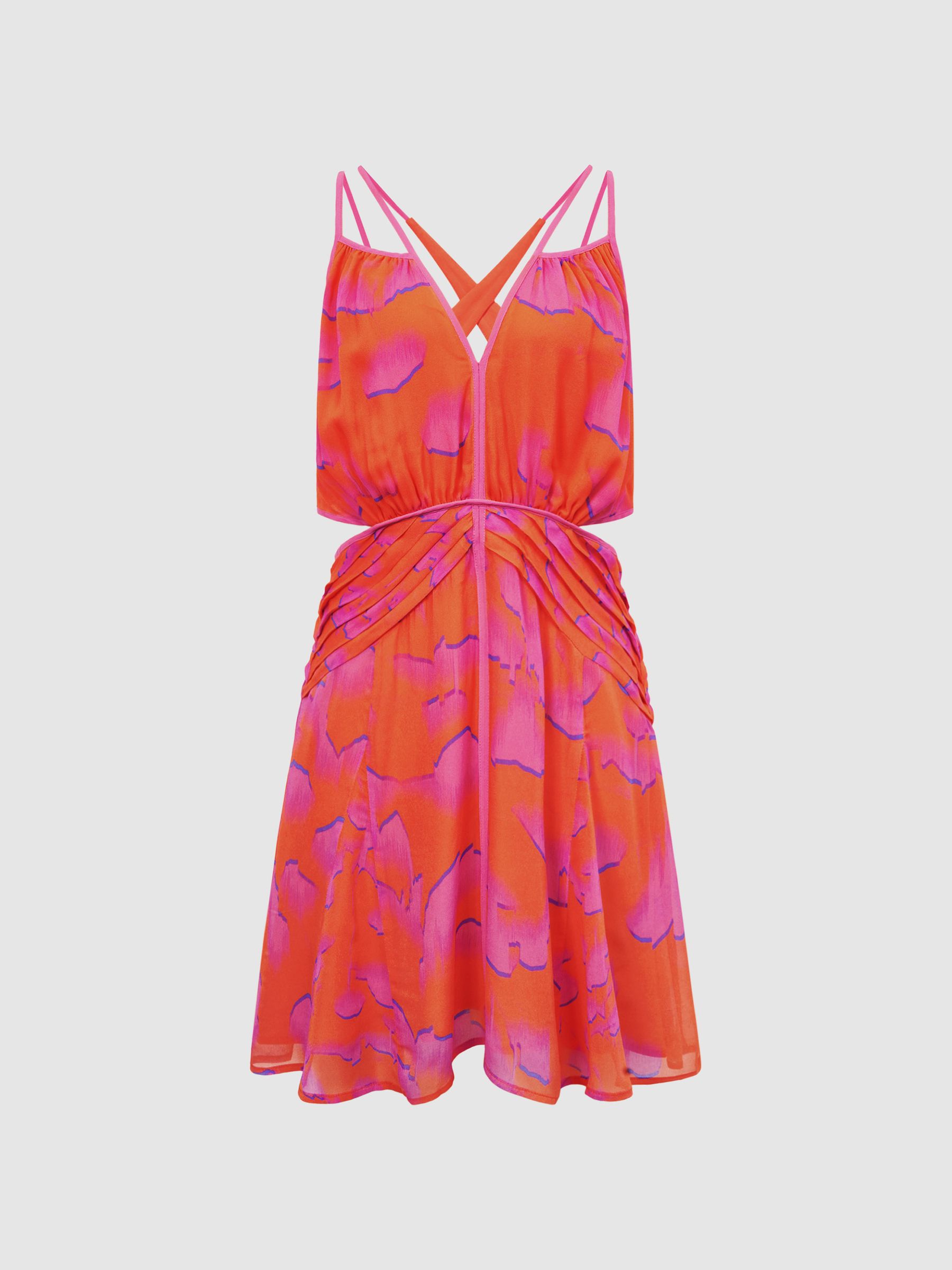 Plunge Neckline Resort Mini Dress in Orange/Pink - Image 2 of 5 Plunge Neckline Resort Mini Dress in Orange/Pink - Image 2 of 5