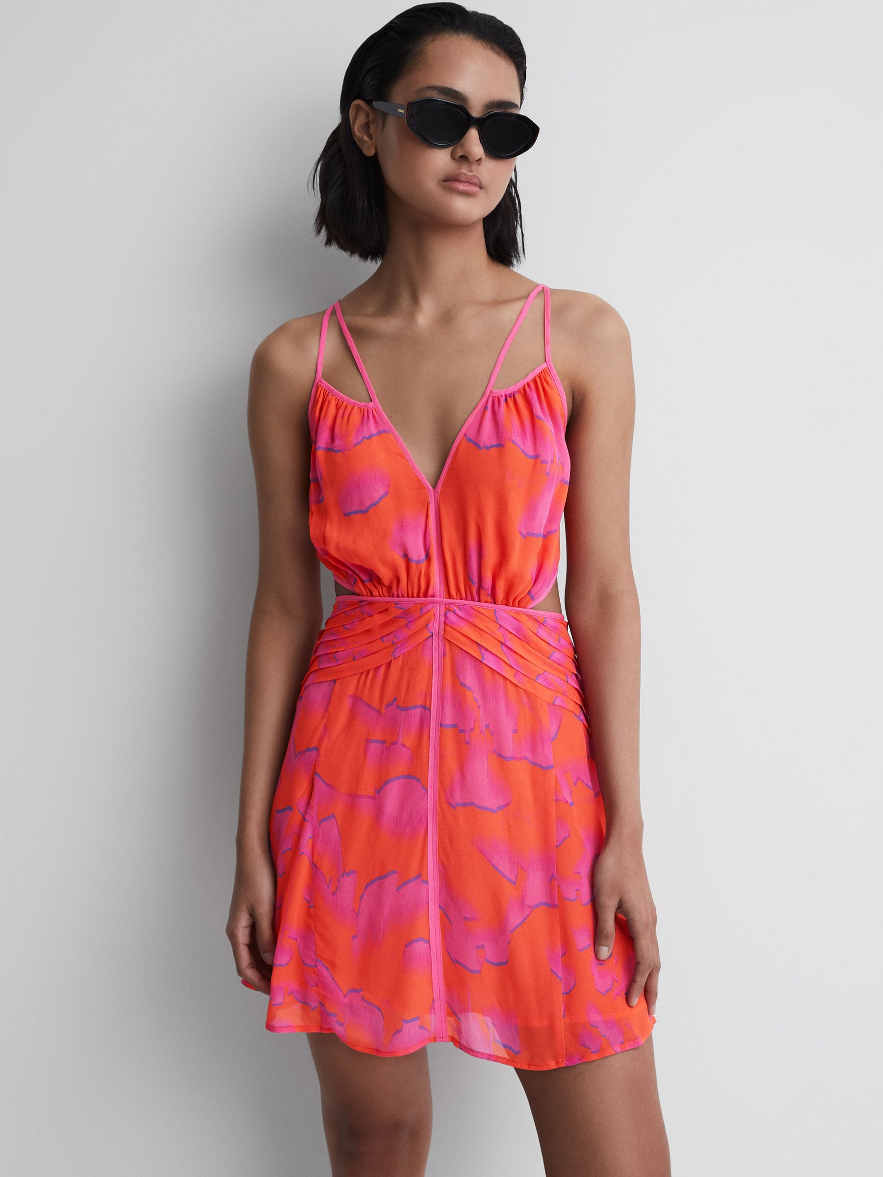 Plunge Neckline Resort Mini Dress in Orange/Pink - Image 3 of 5