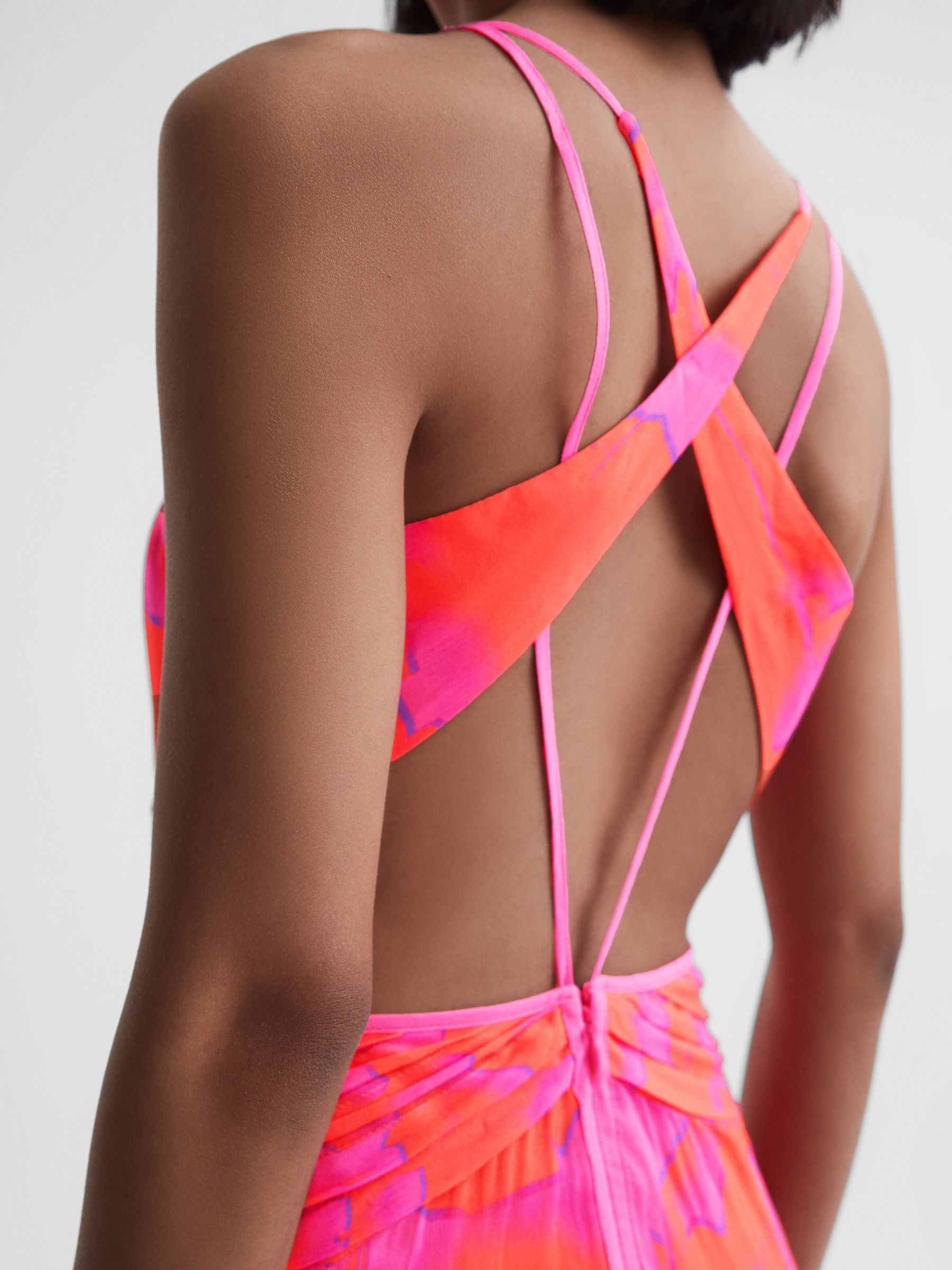 Plunge Neckline Resort Mini Dress in Orange/Pink - Image 4 of 5