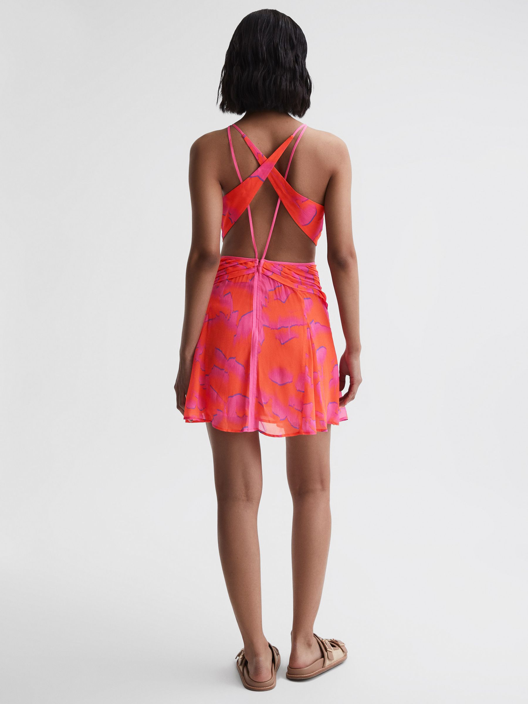Reiss Plunge Neckline Resort Mini Dress in Orange/Pink - REISS
