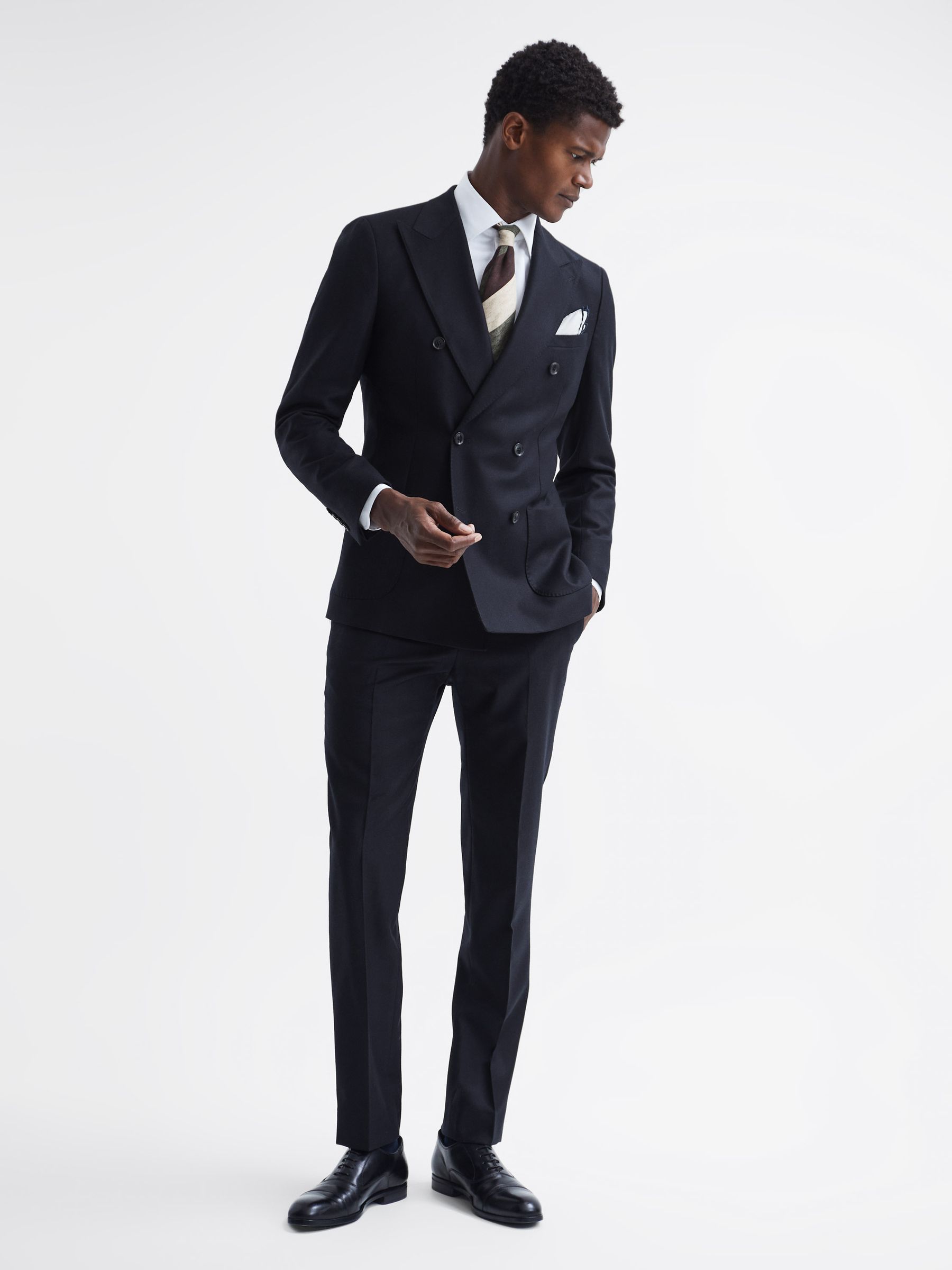 Edition T Navy Herringbone Wool Slim Fit Trousers - Image 3 of 5