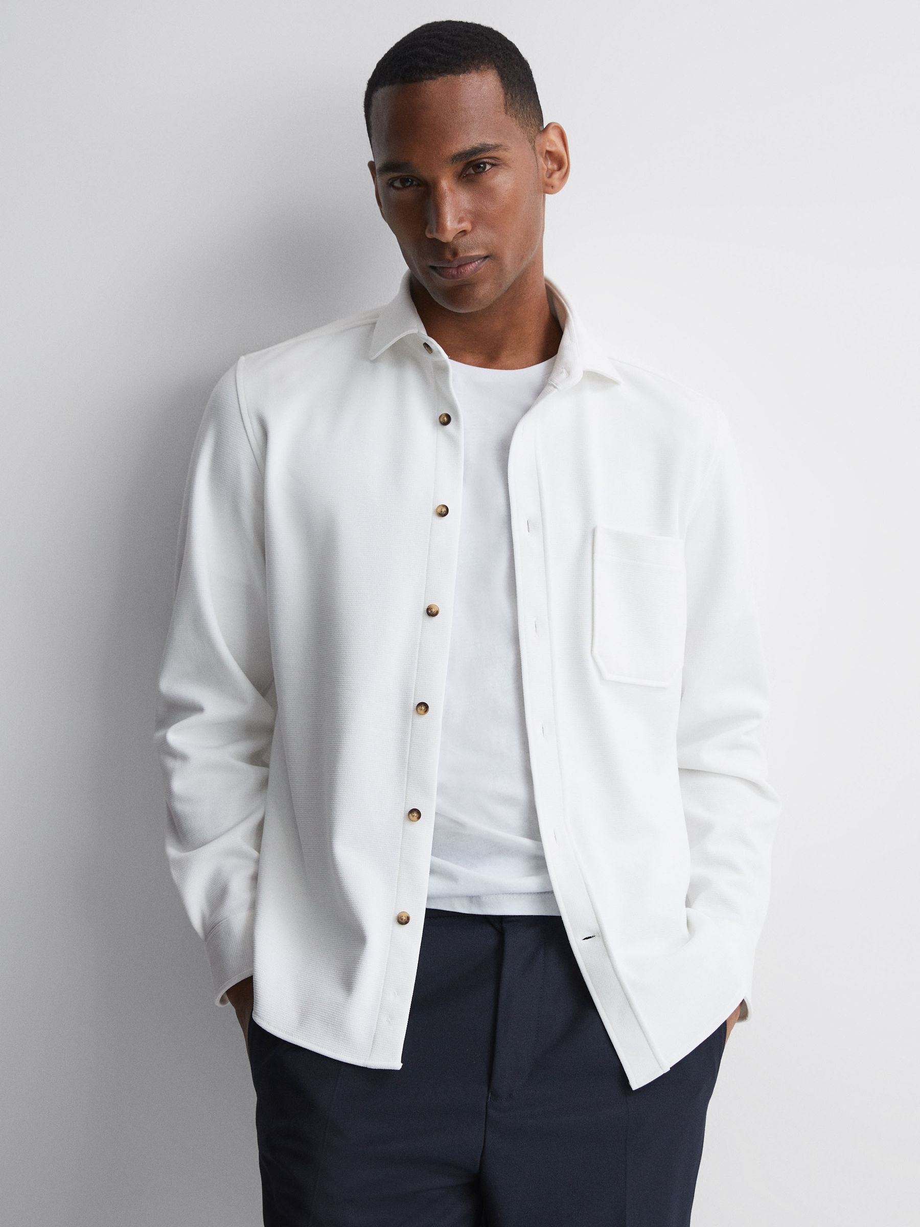 Textured Button-Through Overshirt in White - Image 1 of 5