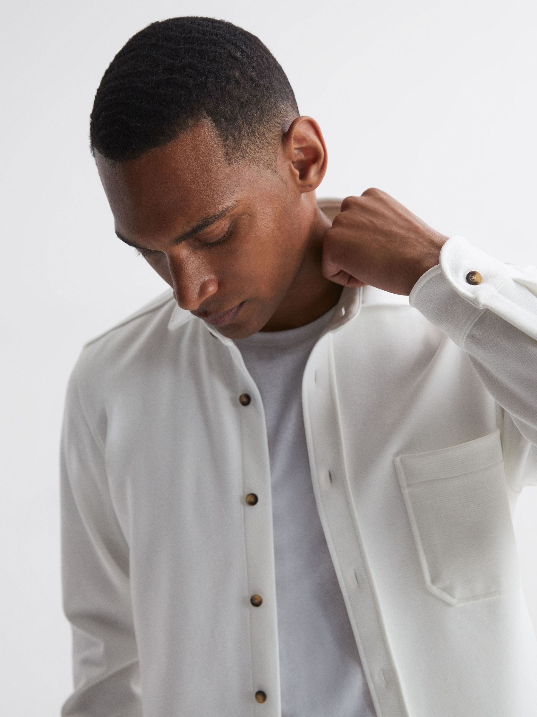 Textured Button-Through Overshirt in White - Image 3 of 5