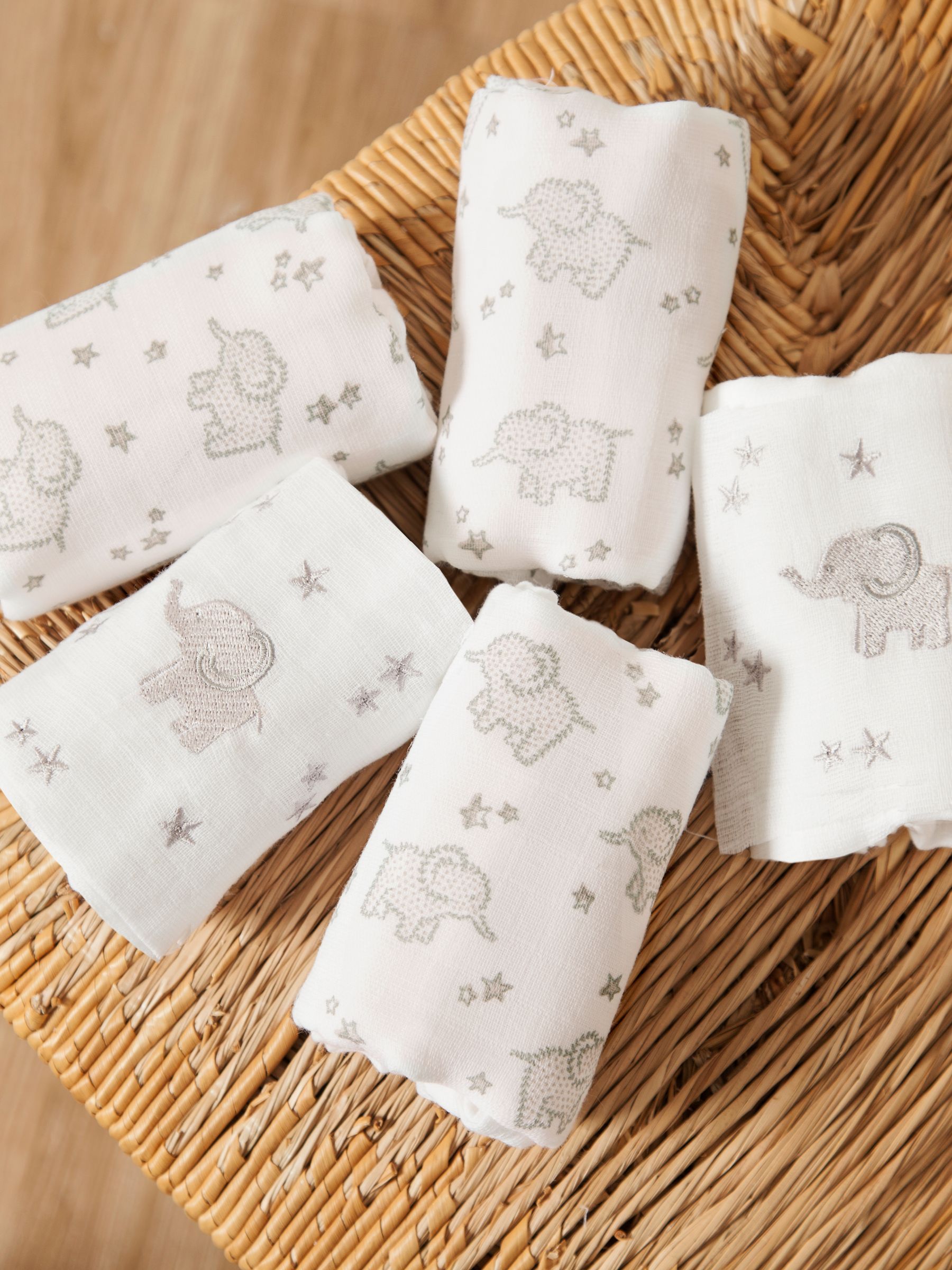5-Pack Elephant Embroidered Muslins in Grey - Image 1 of 2
