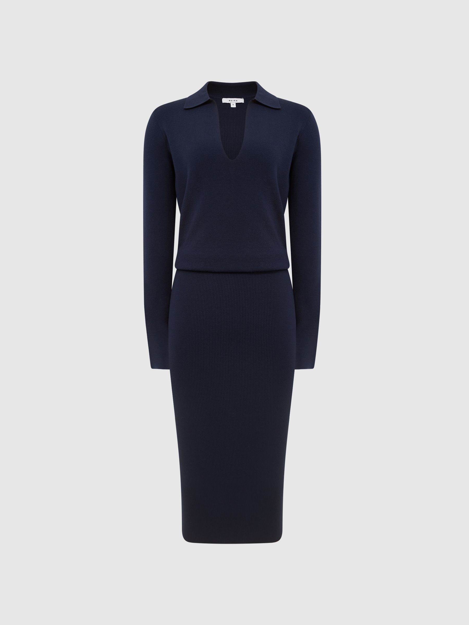 Rib-Knitted Midi Dress in Navy - Image 2 of 8