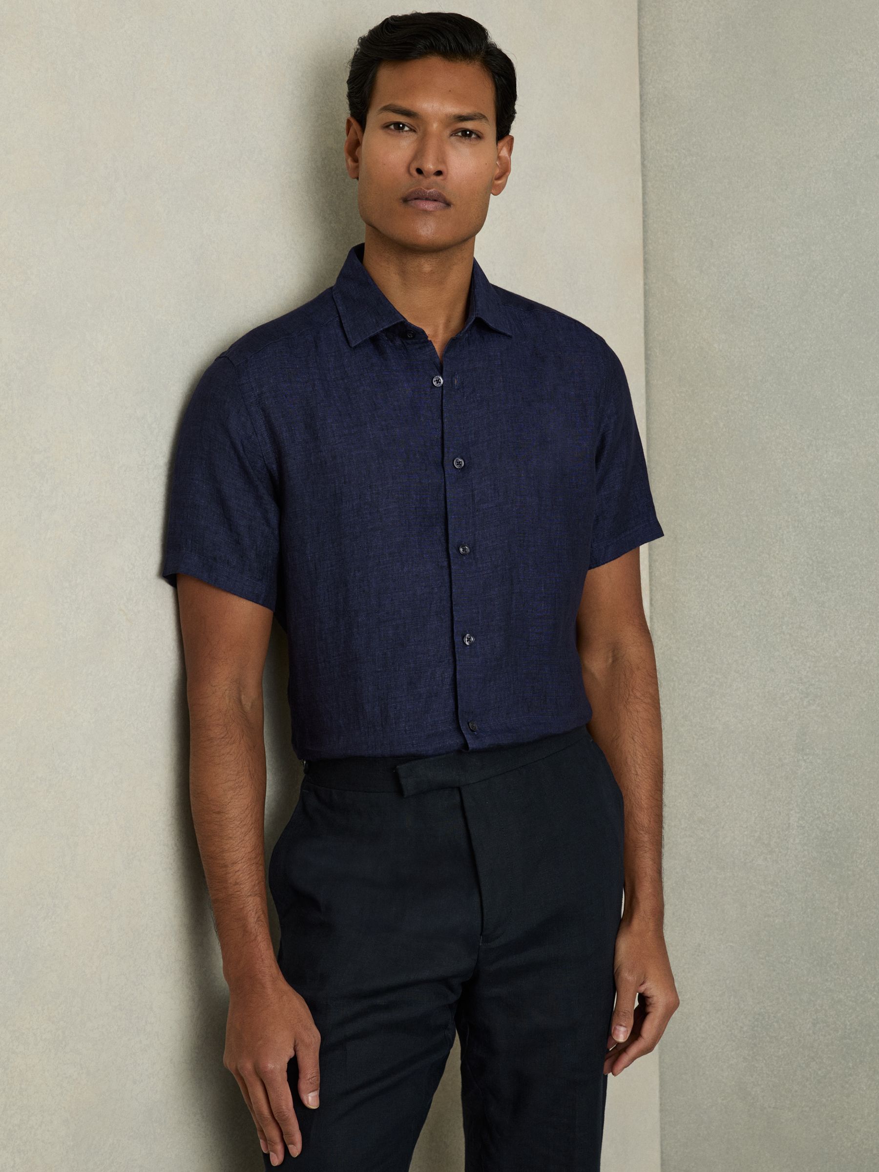 Slim Fit Linen Button-Through Shirt in Navy - Image 1 of 7