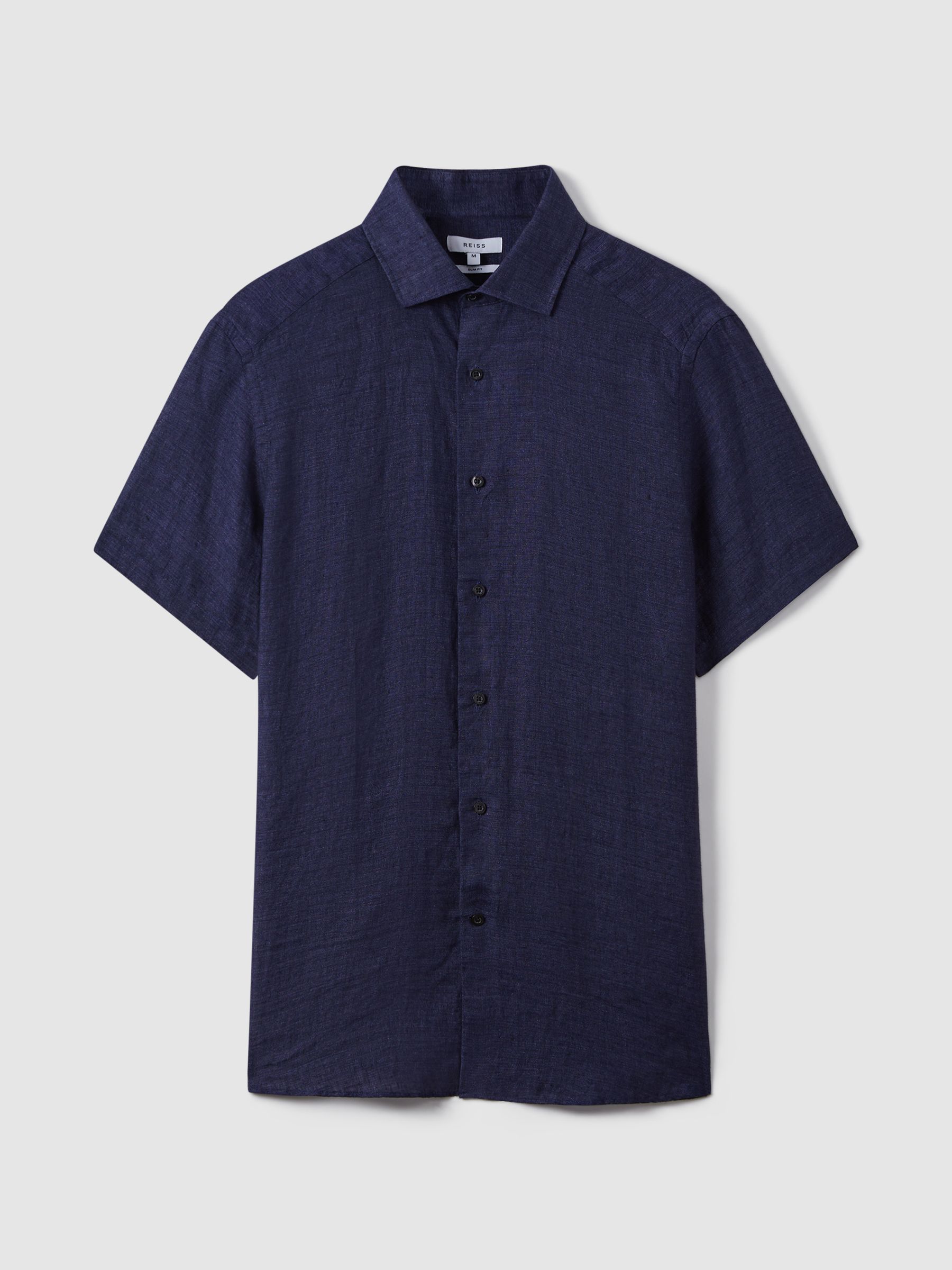 Slim Fit Linen Button-Through Shirt in Navy - Image 2 of 7