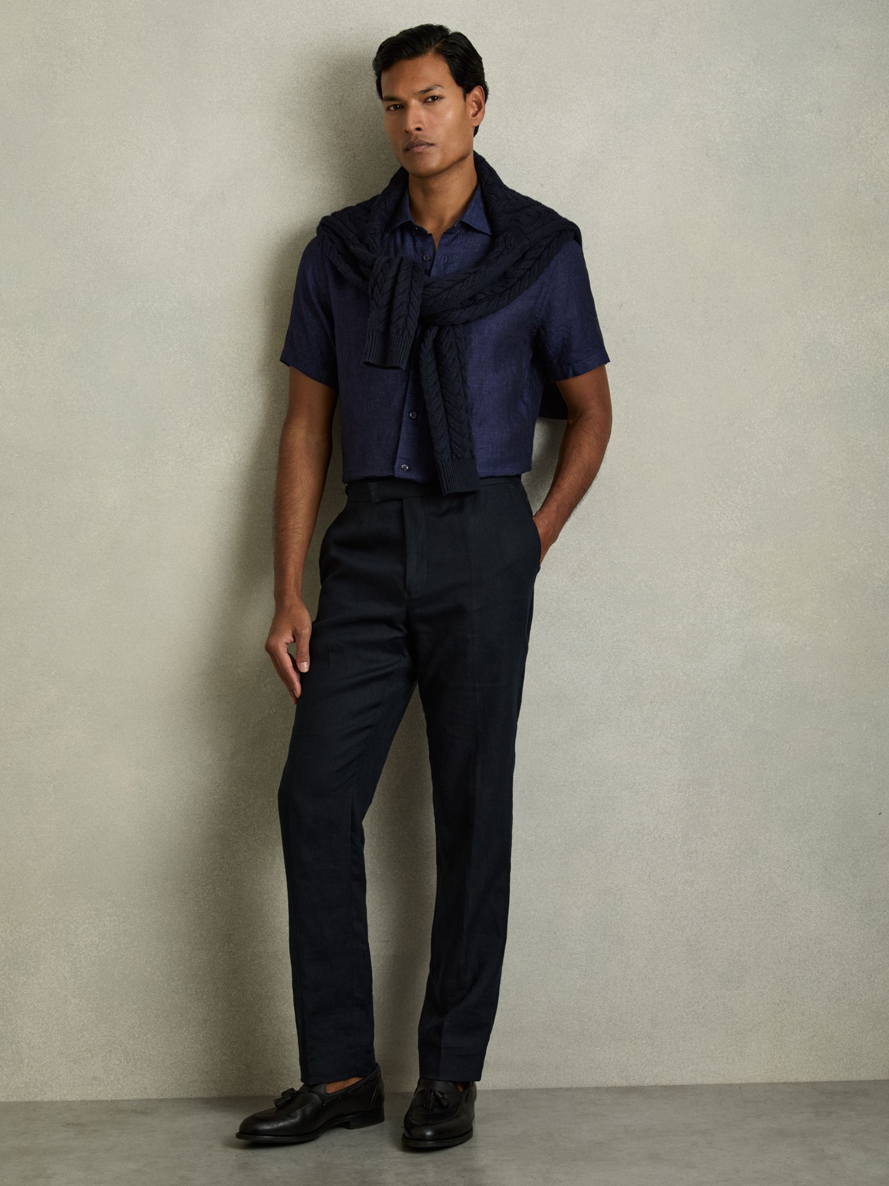 Slim Fit Linen Button-Through Shirt in Navy - Image 3 of 7