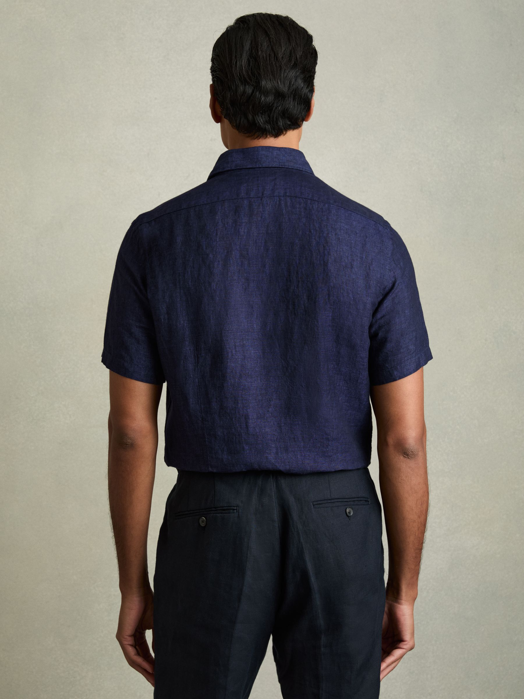 Slim Fit Linen Button-Through Shirt in Navy - Image 5 of 7