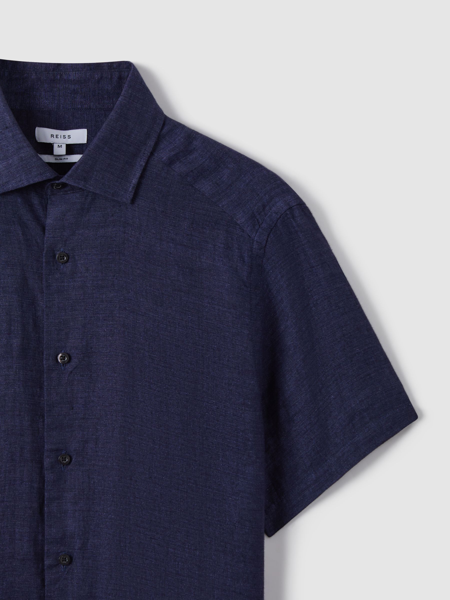 Slim Fit Linen Button-Through Shirt in Navy - Image 6 of 7