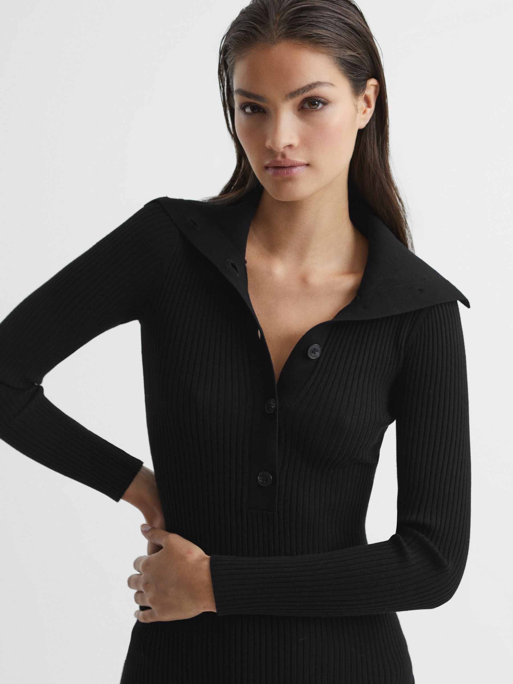 Button Collar Bodycon Midi Dress in Black - Image 1 of 9