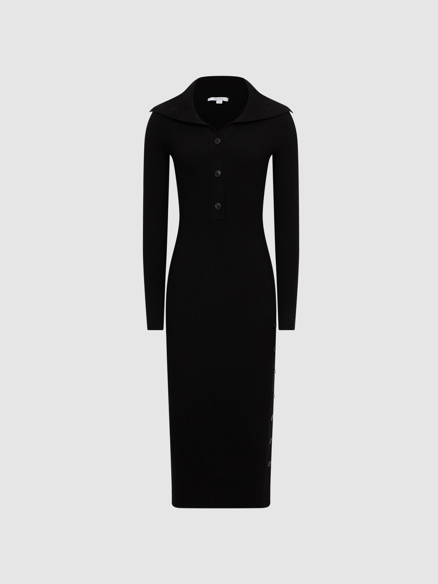 Button Collar Bodycon Midi Dress in Black - Image 2 of 9