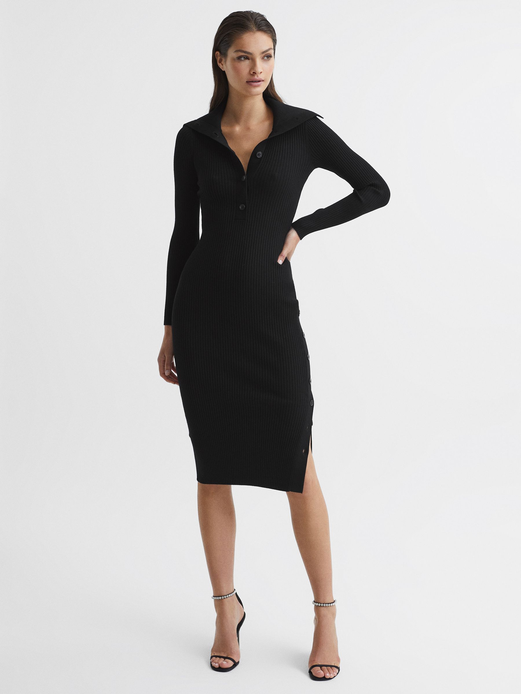 Button Collar Bodycon Midi Dress in Black - Image 3 of 9