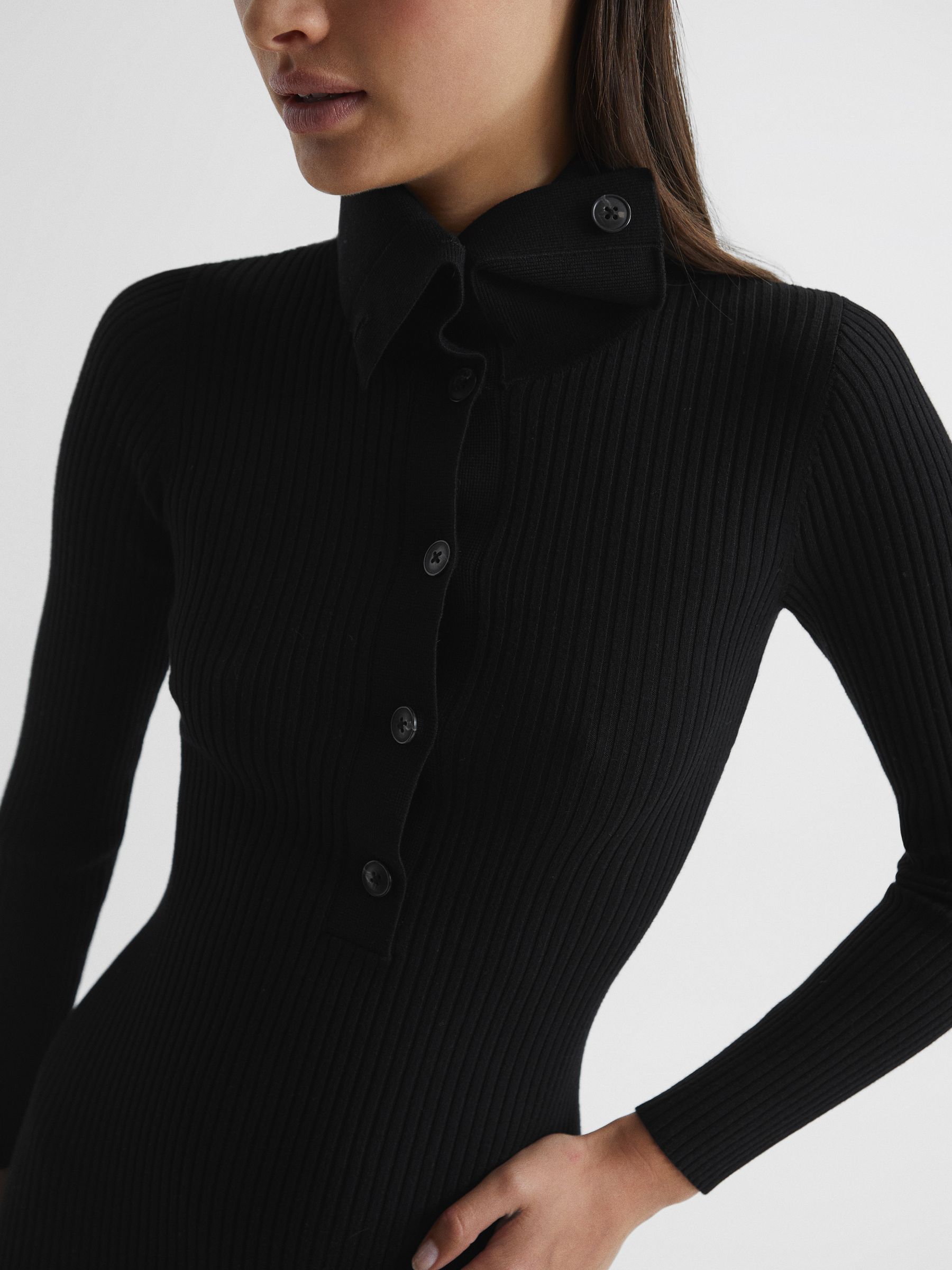 Button Collar Bodycon Midi Dress in Black - Image 4 of 9