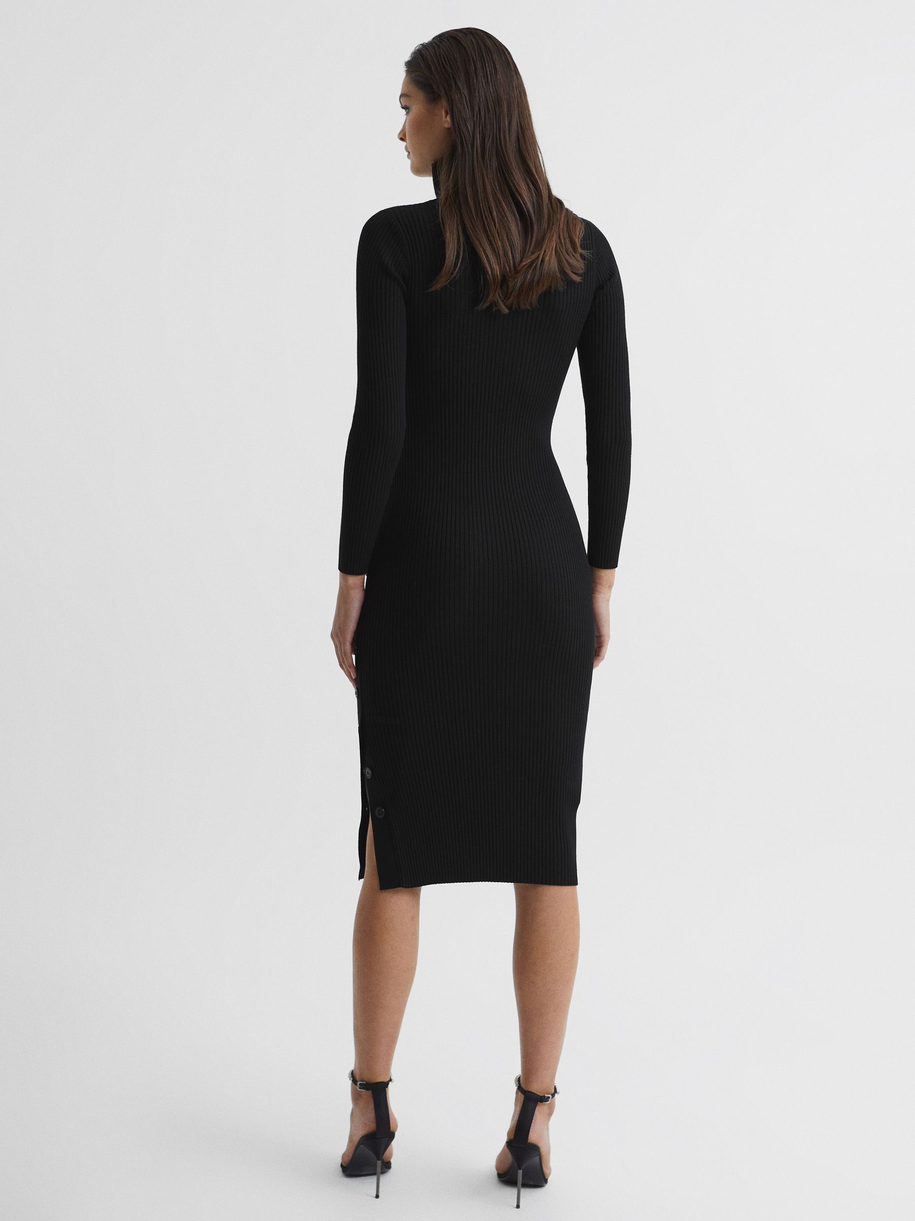 Button Collar Bodycon Midi Dress in Black - Image 5 of 9