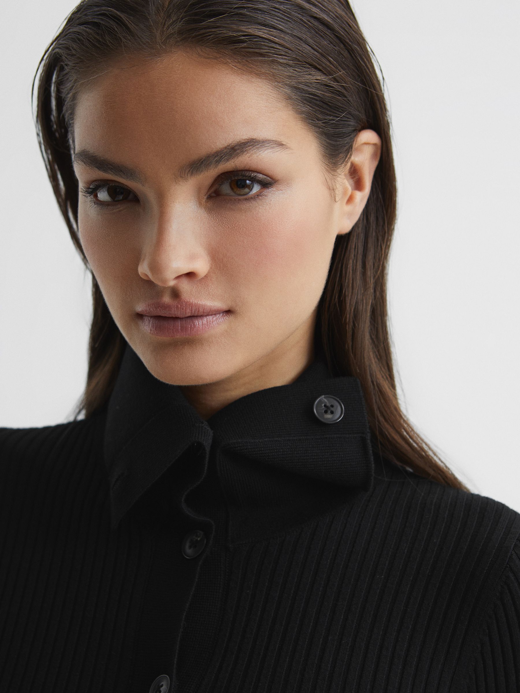 Button Collar Bodycon Midi Dress in Black - Image 6 of 9