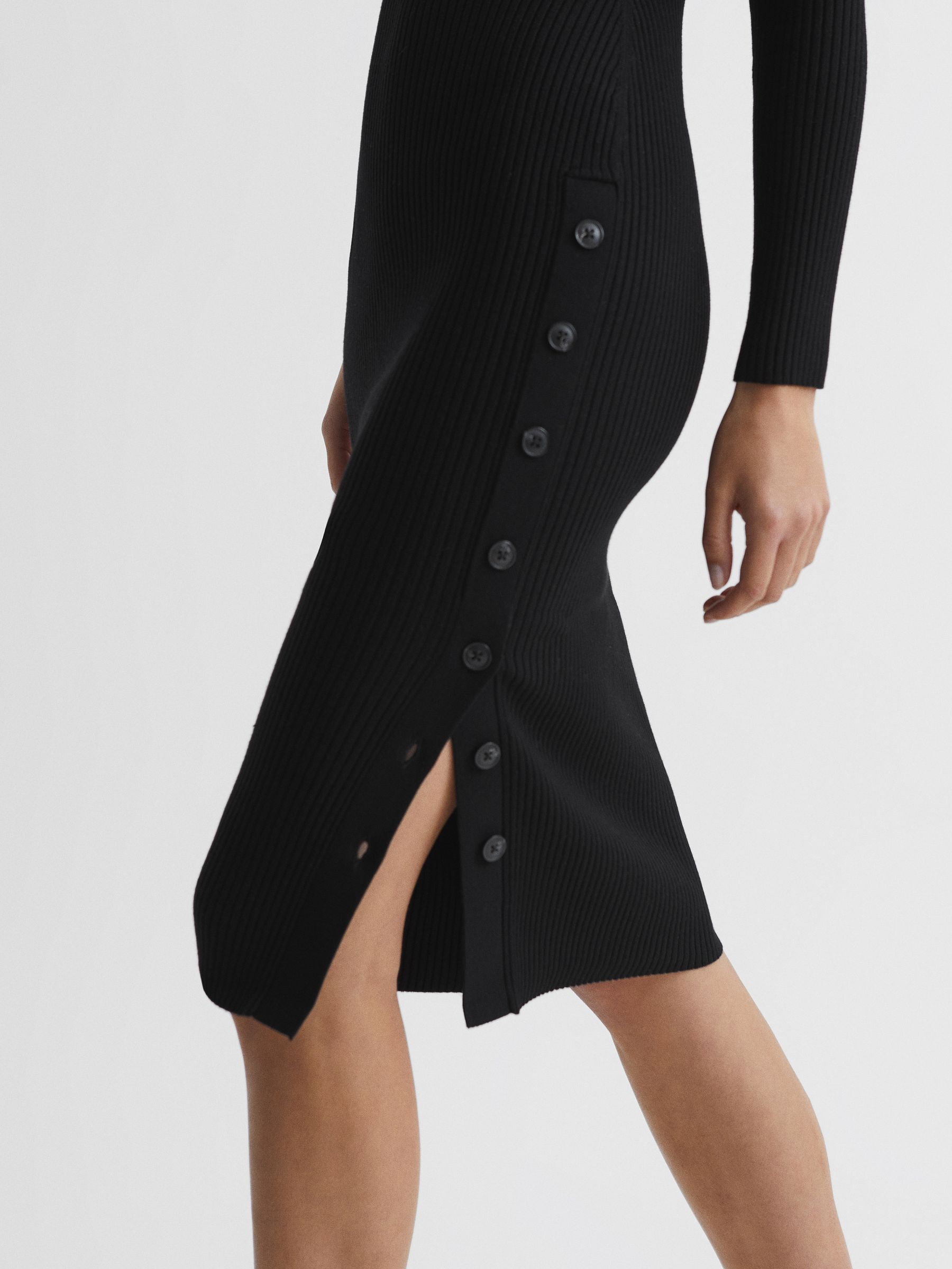 Button Collar Bodycon Midi Dress in Black - Image 7 of 9