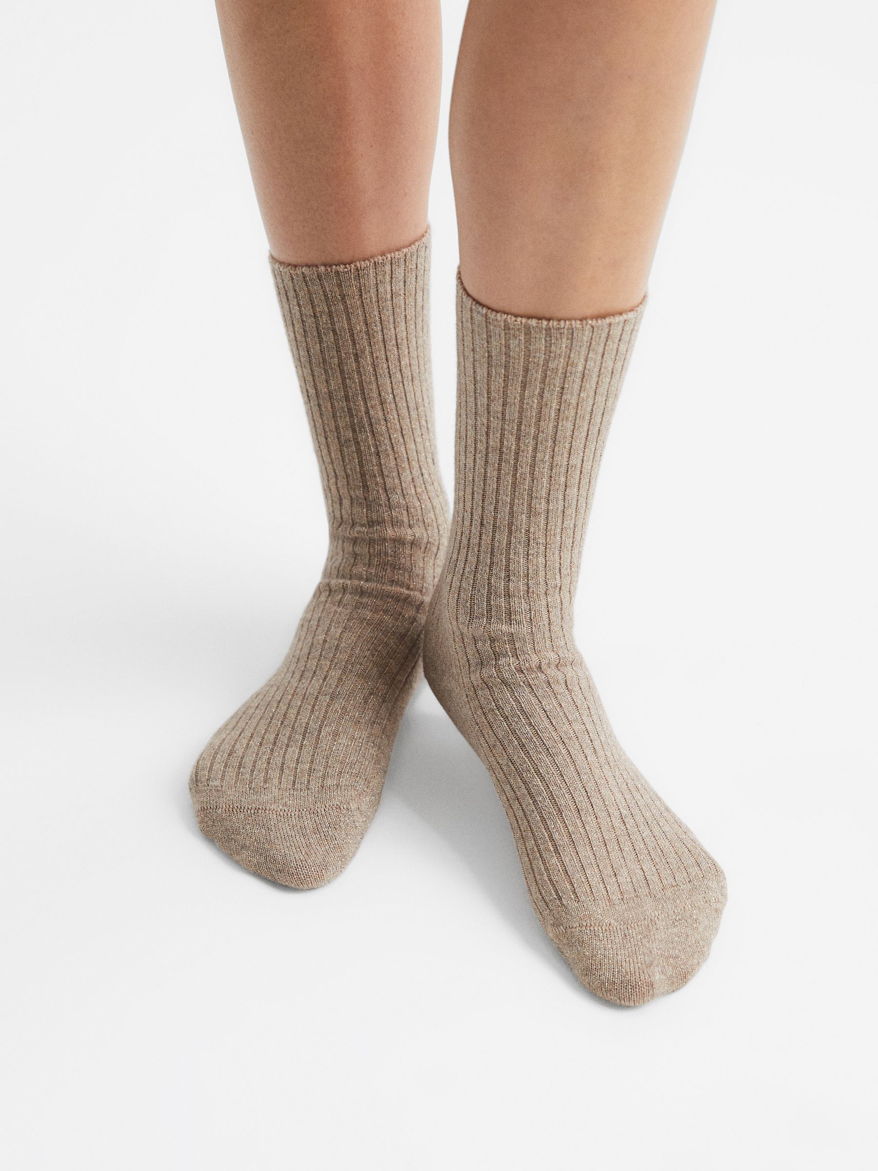 Metallic Fibre Wool Cashmere Blend Ribbed Socks in Camel - Image 1 of 4