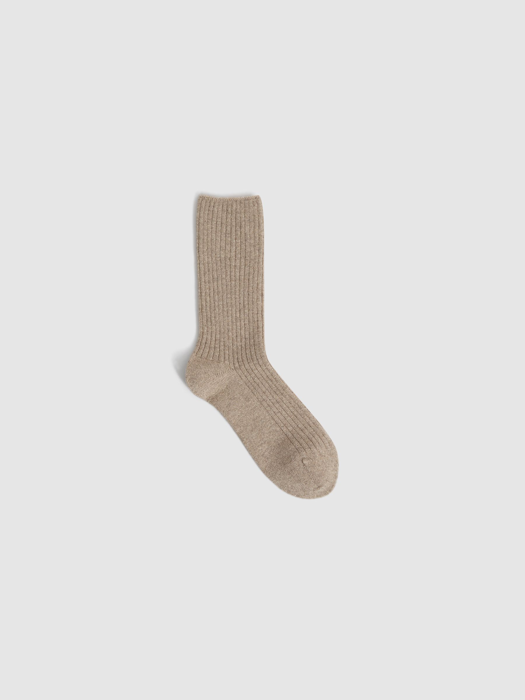 Metallic Fibre Wool Cashmere Blend Ribbed Socks in Camel - Image 2 of 4