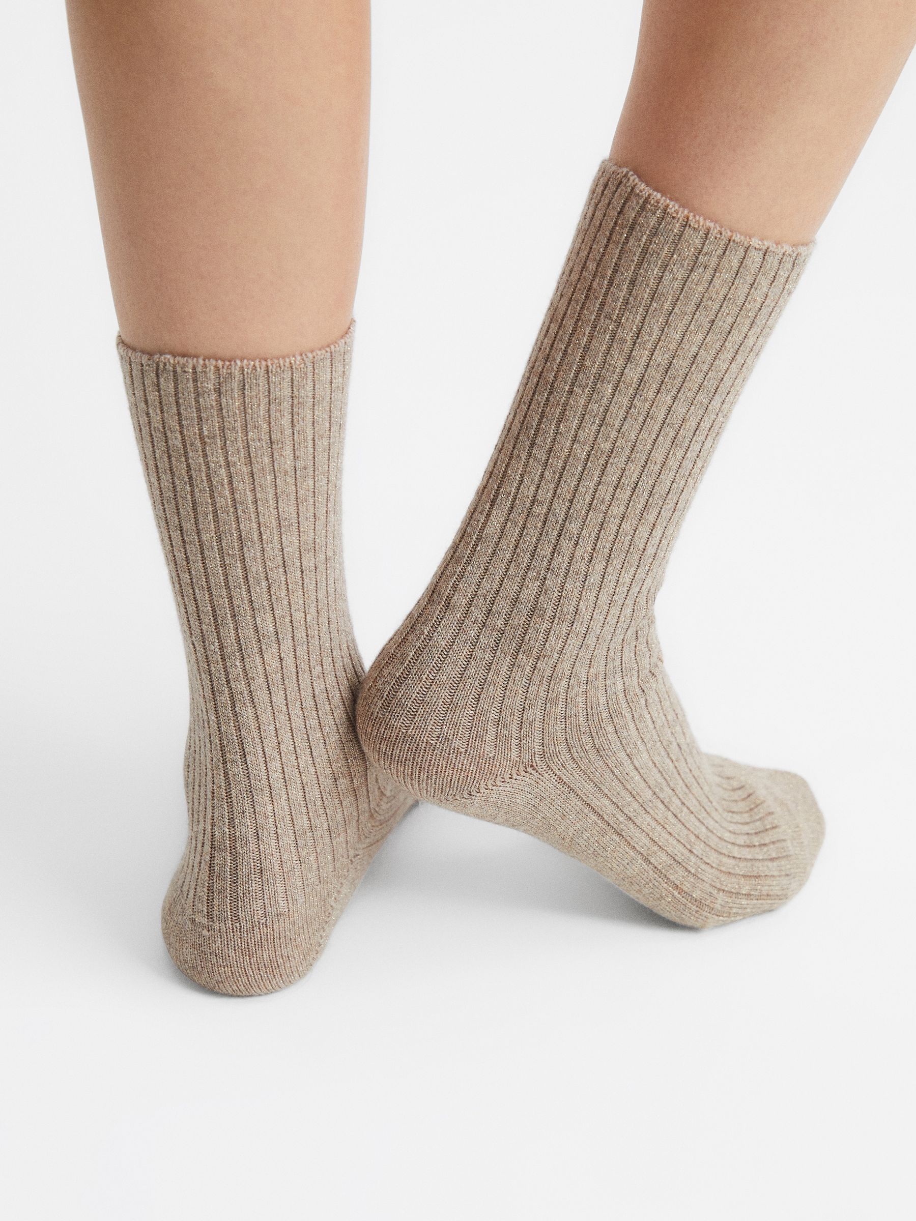 Metallic Fibre Wool Cashmere Blend Ribbed Socks in Camel - Image 3 of 4